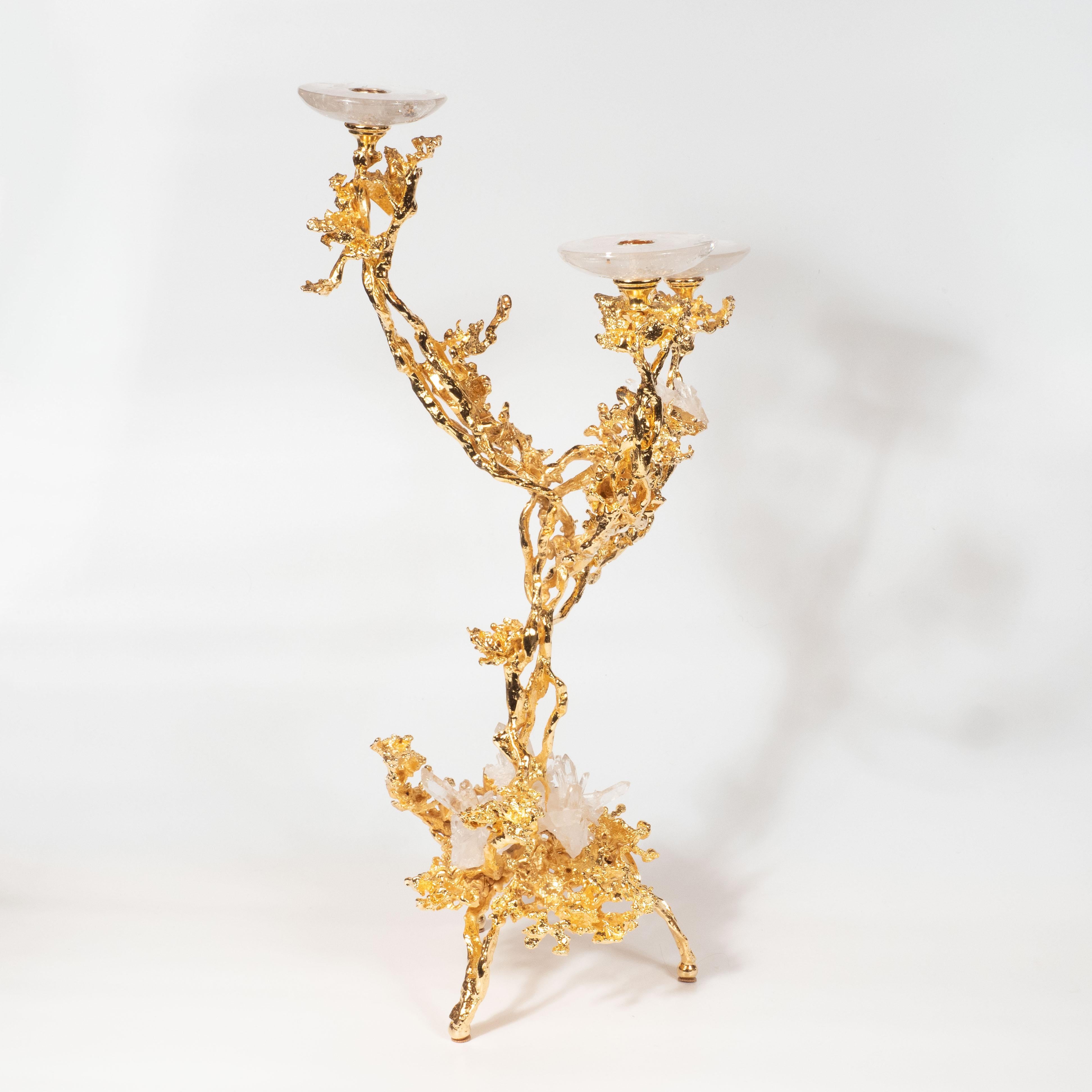 Pair of 24Kt Gold Triple Branch Candlesticks w/ Rock Crystals by Claude Boeltz 5