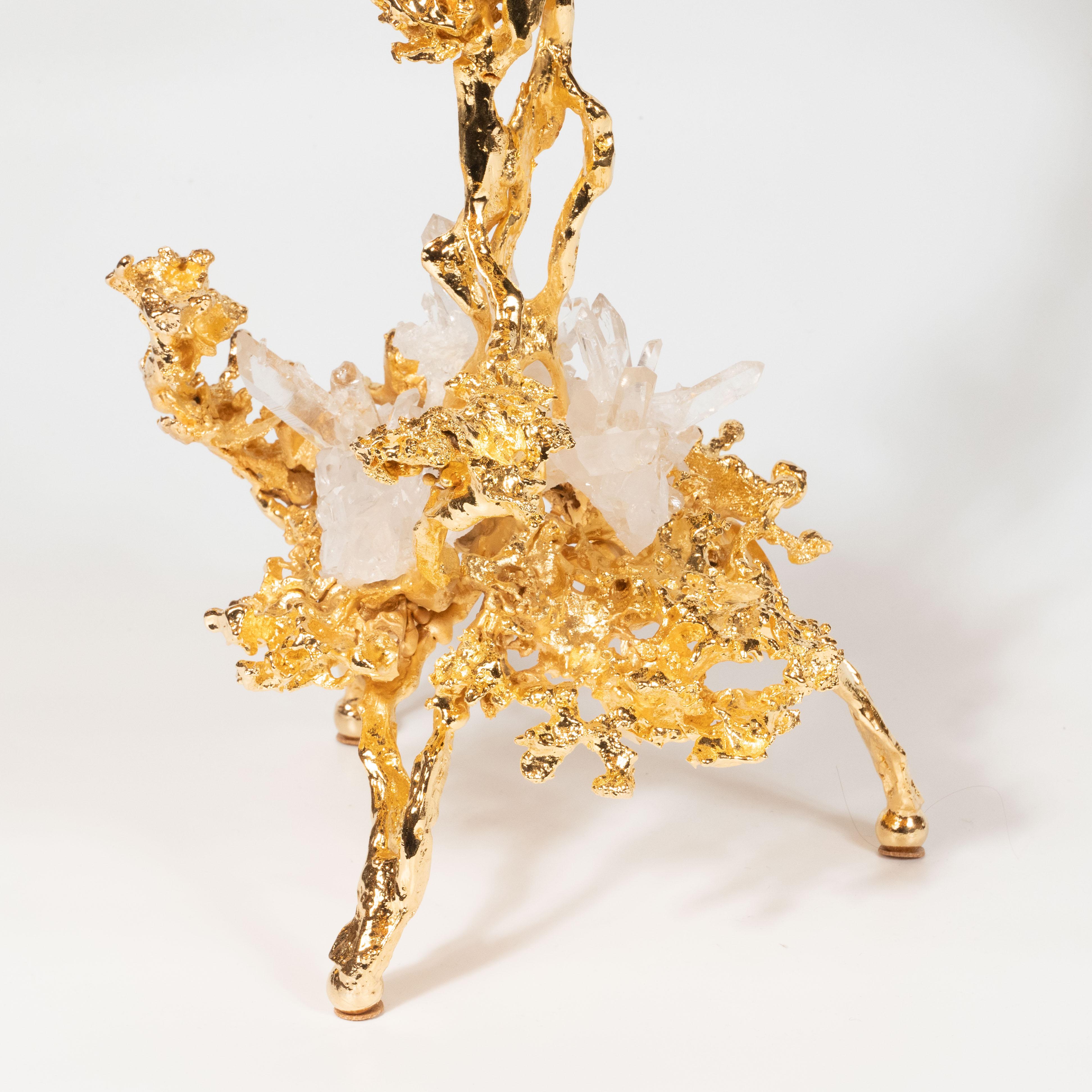 Pair of 24Kt Gold Triple Branch Candlesticks w/ Rock Crystals by Claude Boeltz 6