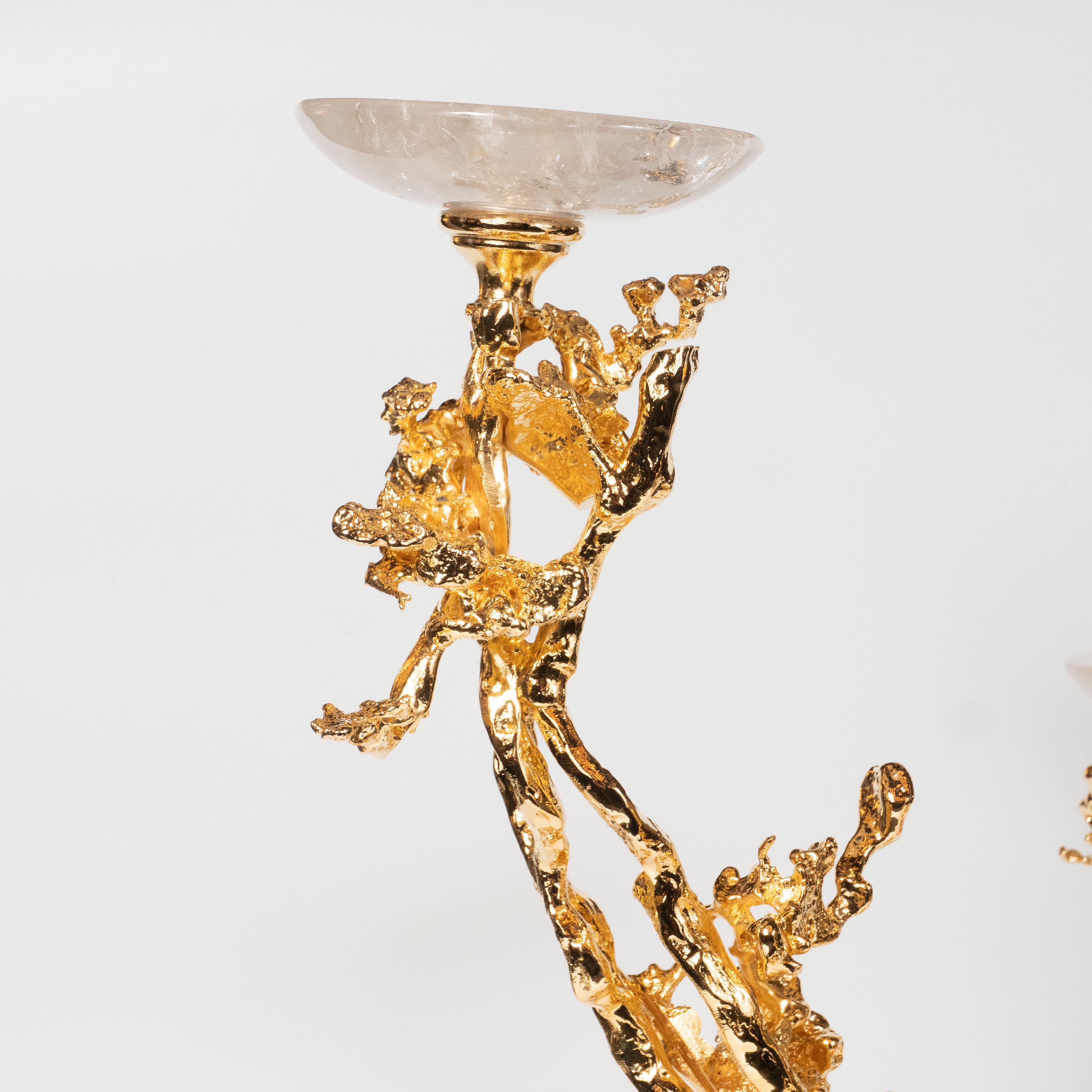 Pair of 24Kt Gold Triple Branch Candlesticks w/ Rock Crystals by Claude Boeltz 7