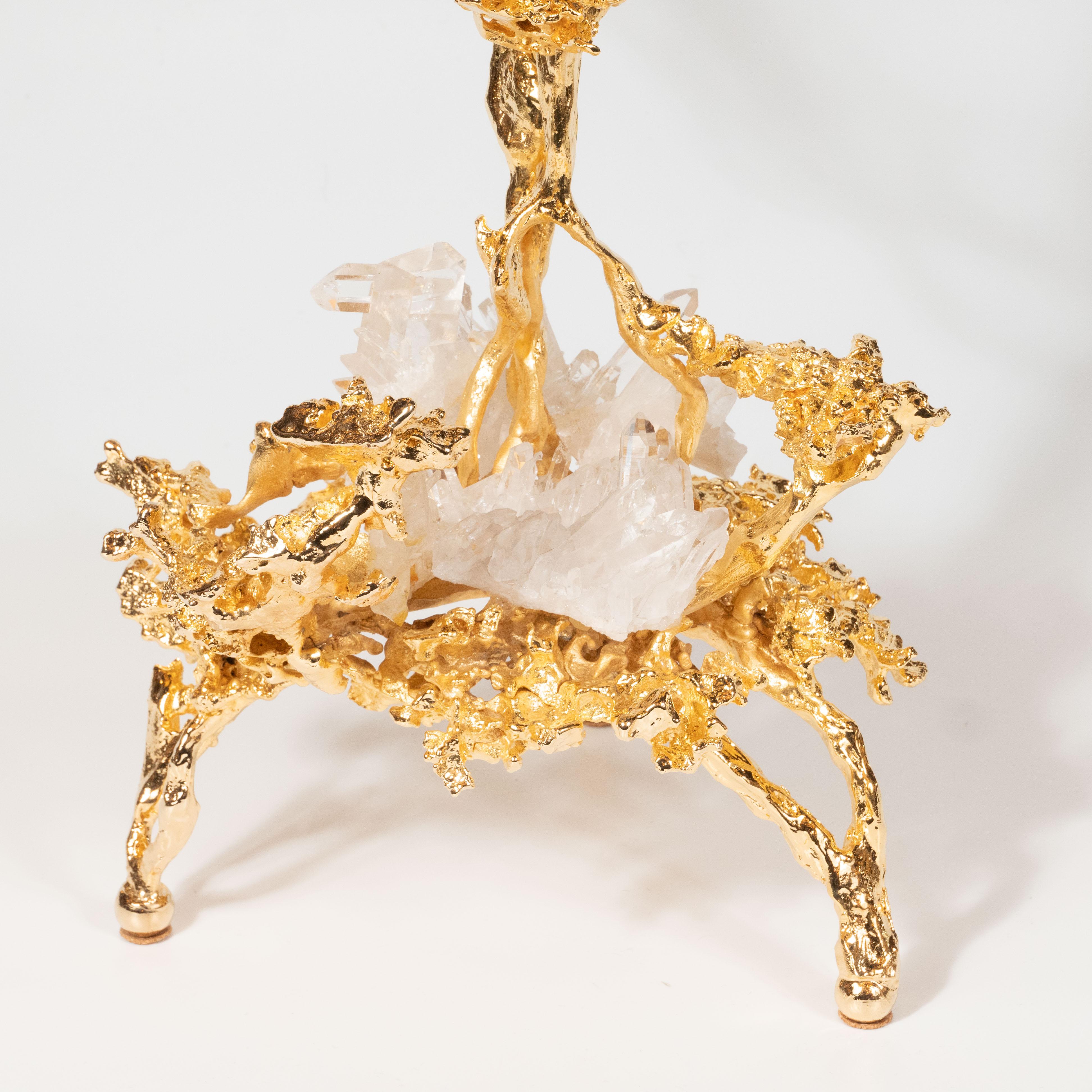 Pair of 24Kt Gold Triple Branch Candlesticks w/ Rock Crystals by Claude Boeltz 8