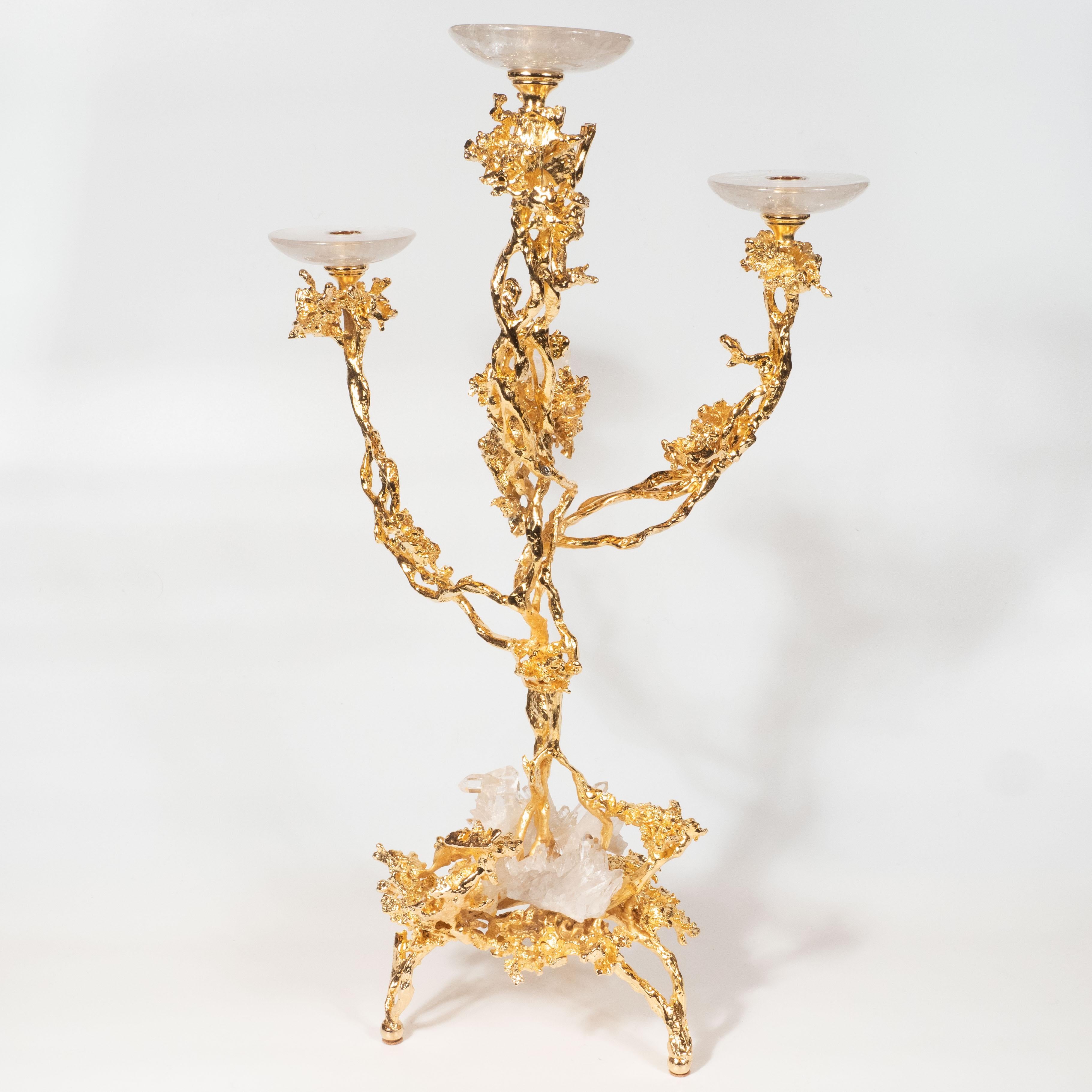 Pair of 24Kt Gold Triple Branch Candlesticks w/ Rock Crystals by Claude Boeltz 9