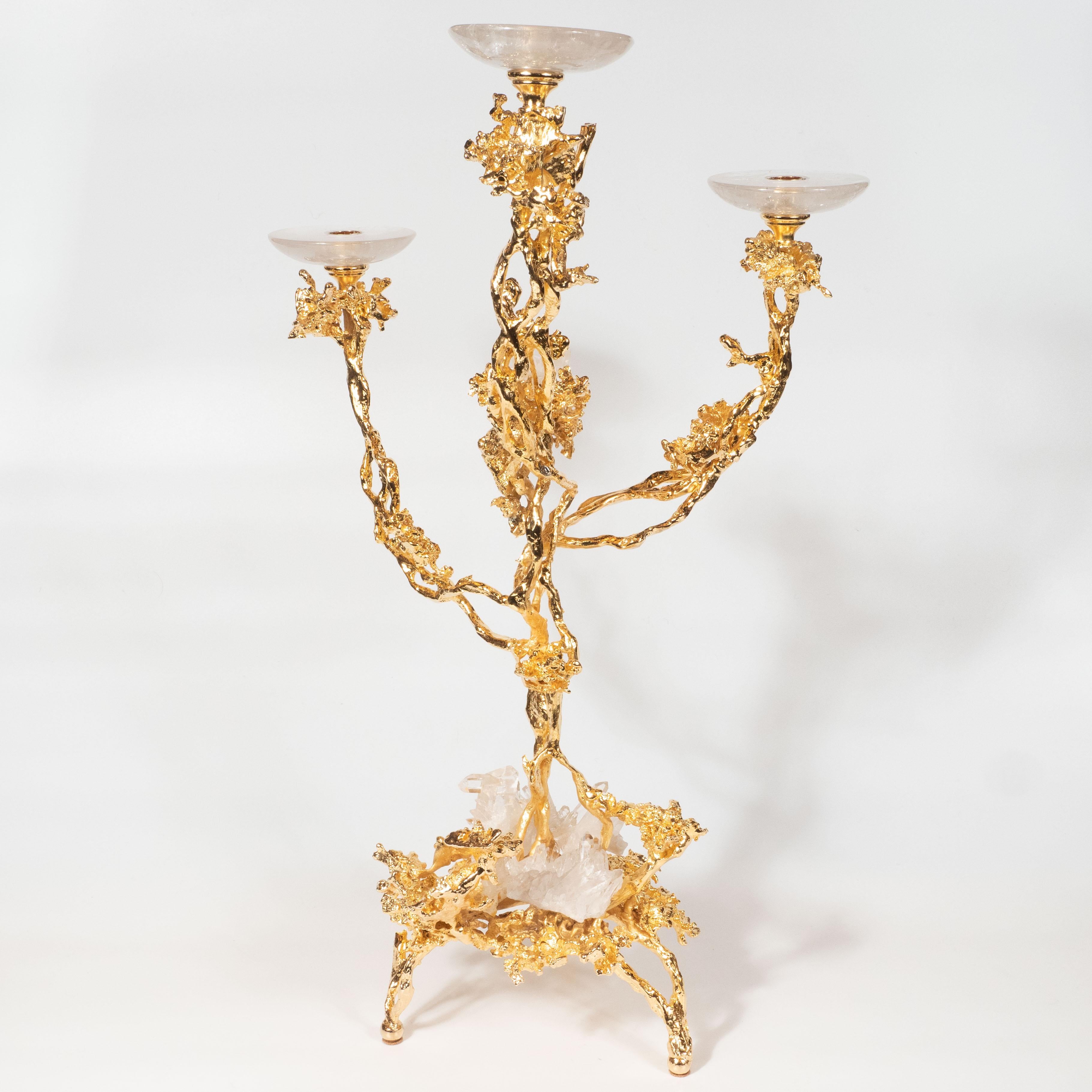 24-Karat Gold Triple Branch Candlesticks with Rock Crystals, Claude Boeltz, Pair For Sale 9