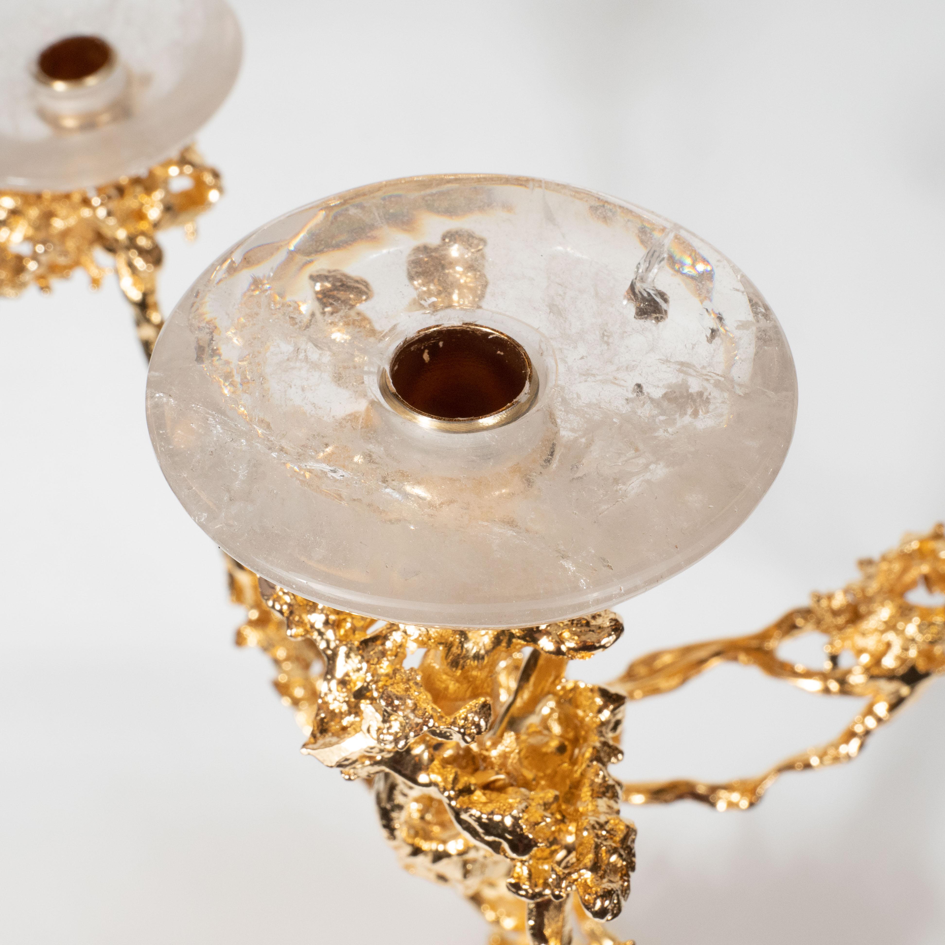 24-Karat Gold Dreireihige Kerzenständer mit Bergkristallen, Claude Boeltz, Paar im Angebot 11