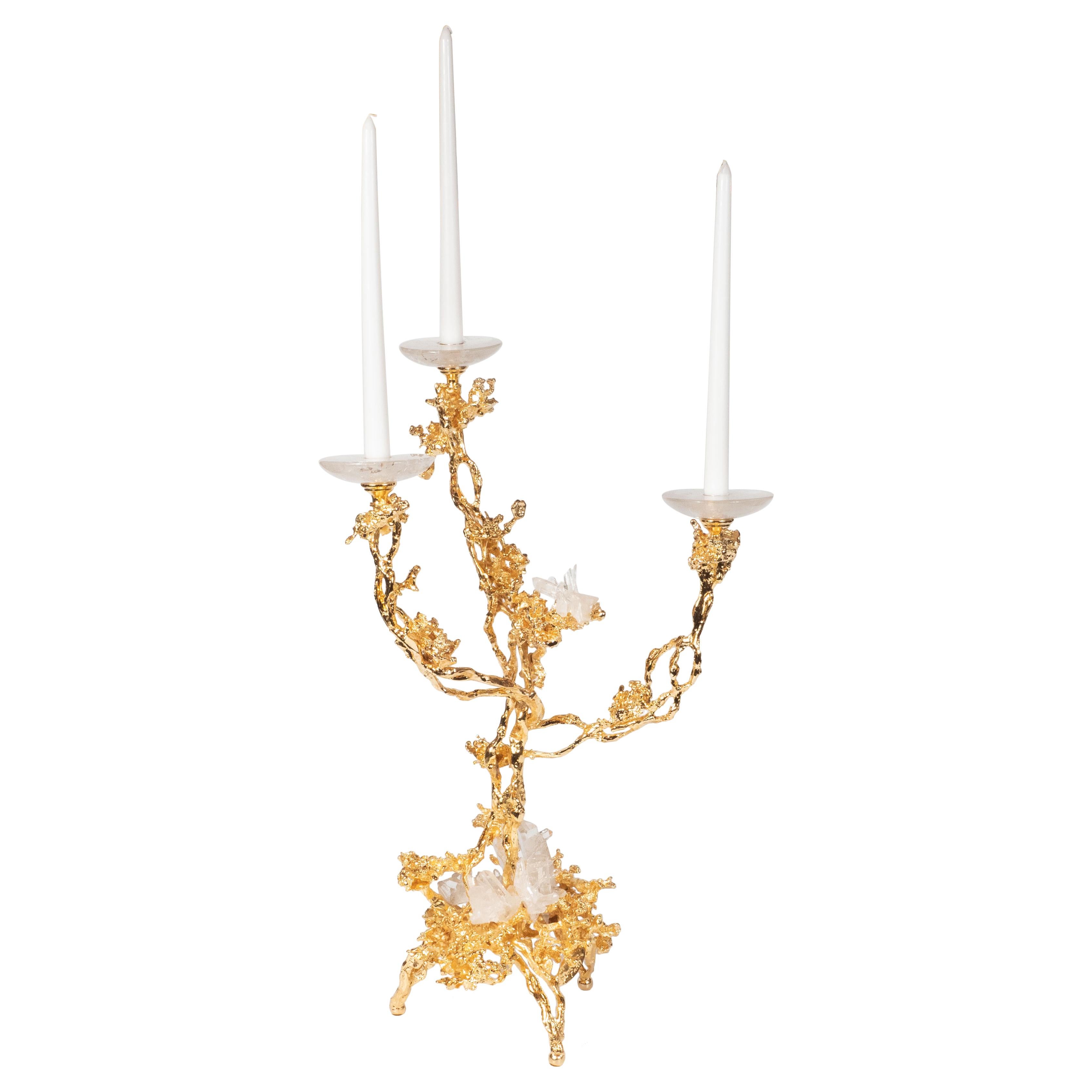 Pair of 24Kt Gold Triple Branch Candlesticks w/ Rock Crystals by Claude Boeltz 12