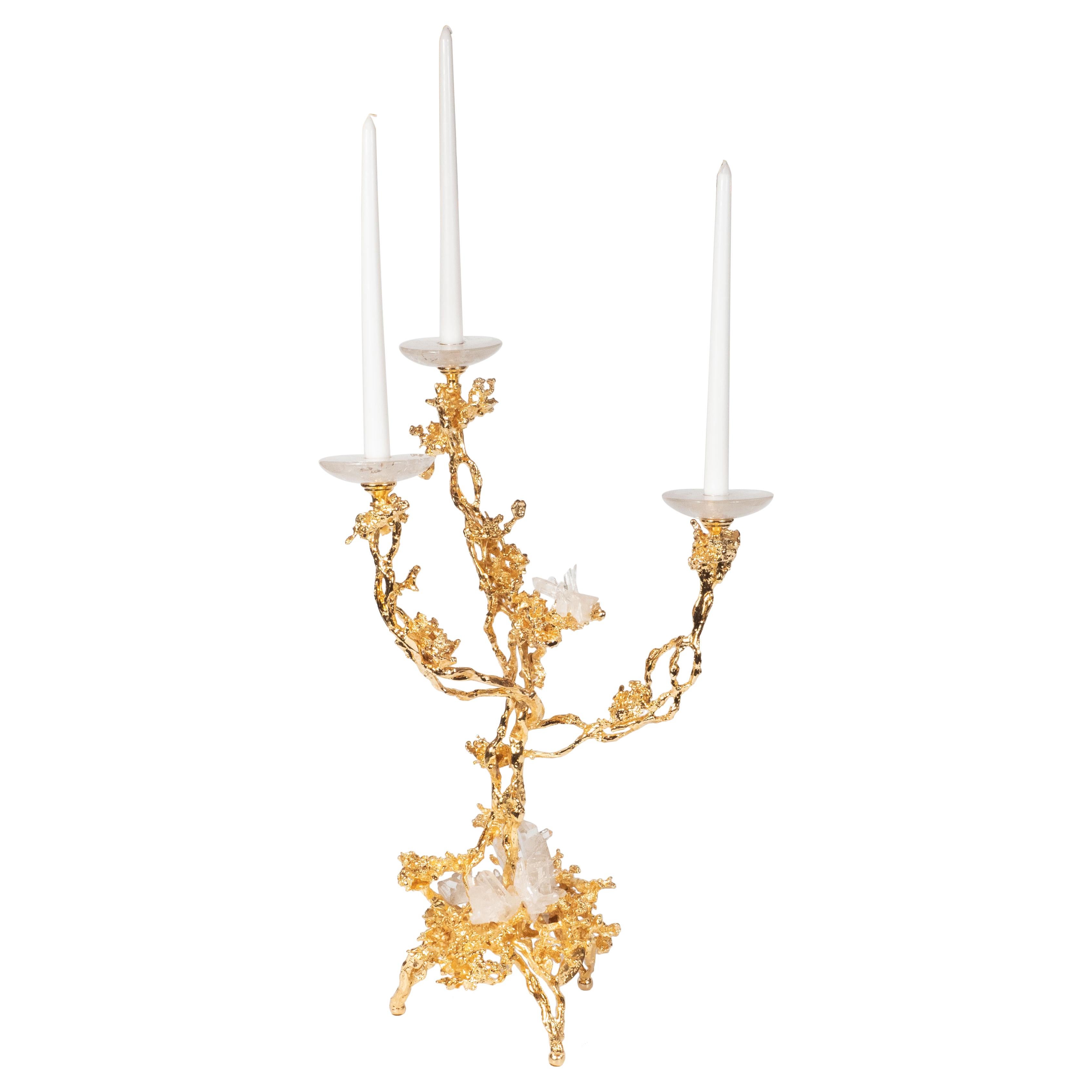 24-Karat Gold Triple Branch Candlesticks with Rock Crystals, Claude Boeltz, Pair For Sale 12