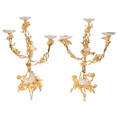 Paire de bougeoirs à trois branches en or 24 carats avec cristaux de roche, Claude Boeltz