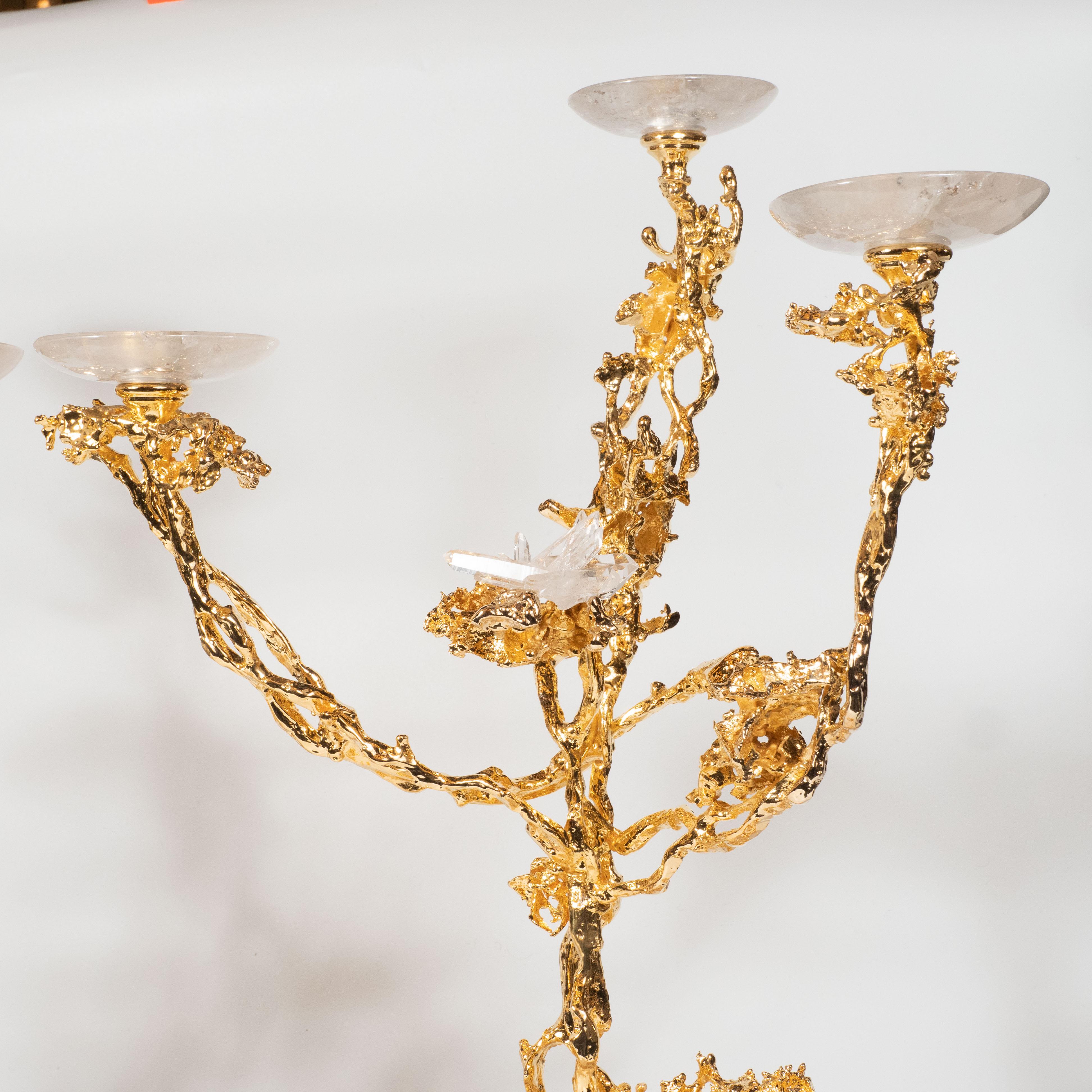 Modern Pair of 24Kt Gold Triple Branch Candlesticks w/ Rock Crystals by Claude Boeltz