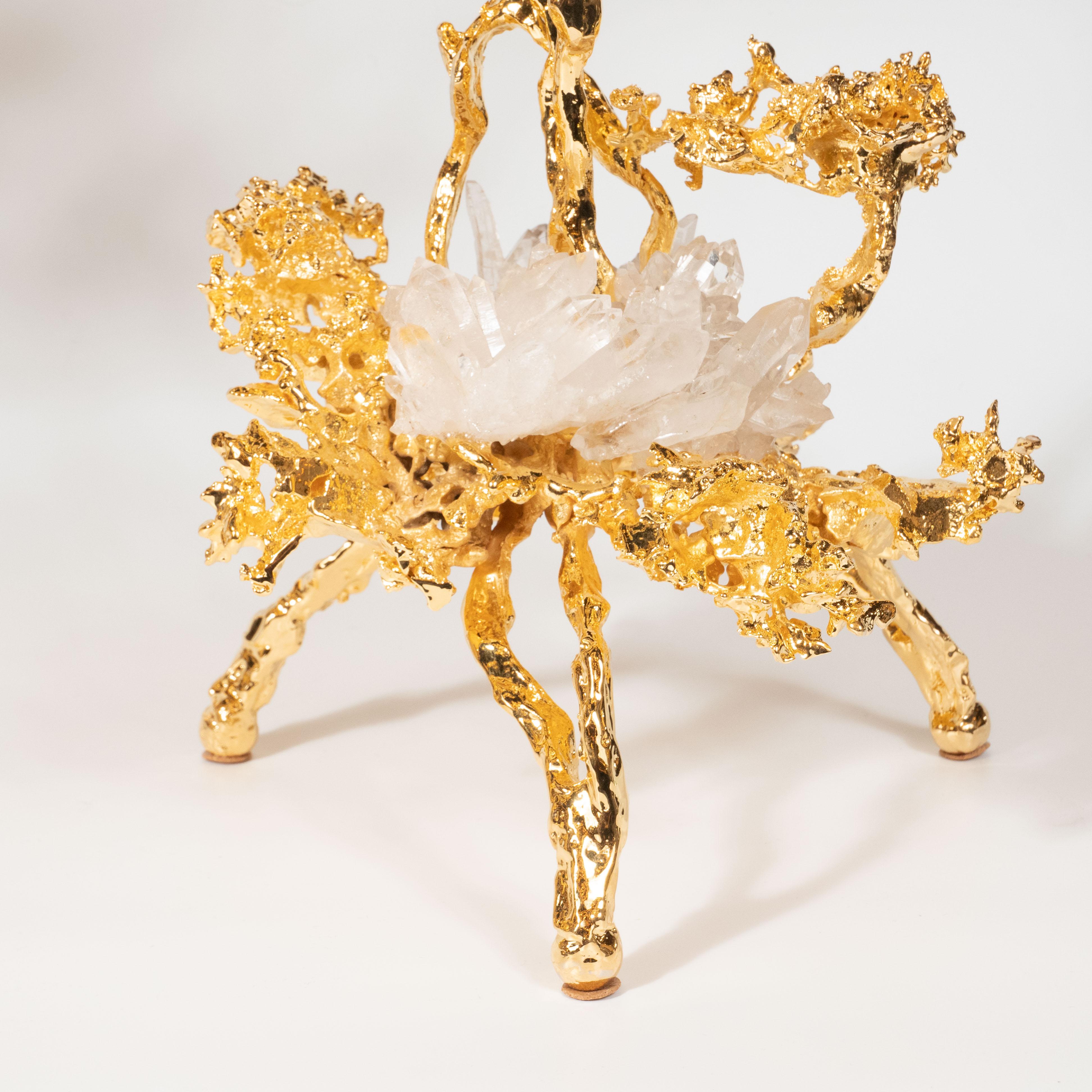 24-Karat Gold Dreireihige Kerzenständer mit Bergkristallen, Claude Boeltz, Paar (Französisch) im Angebot