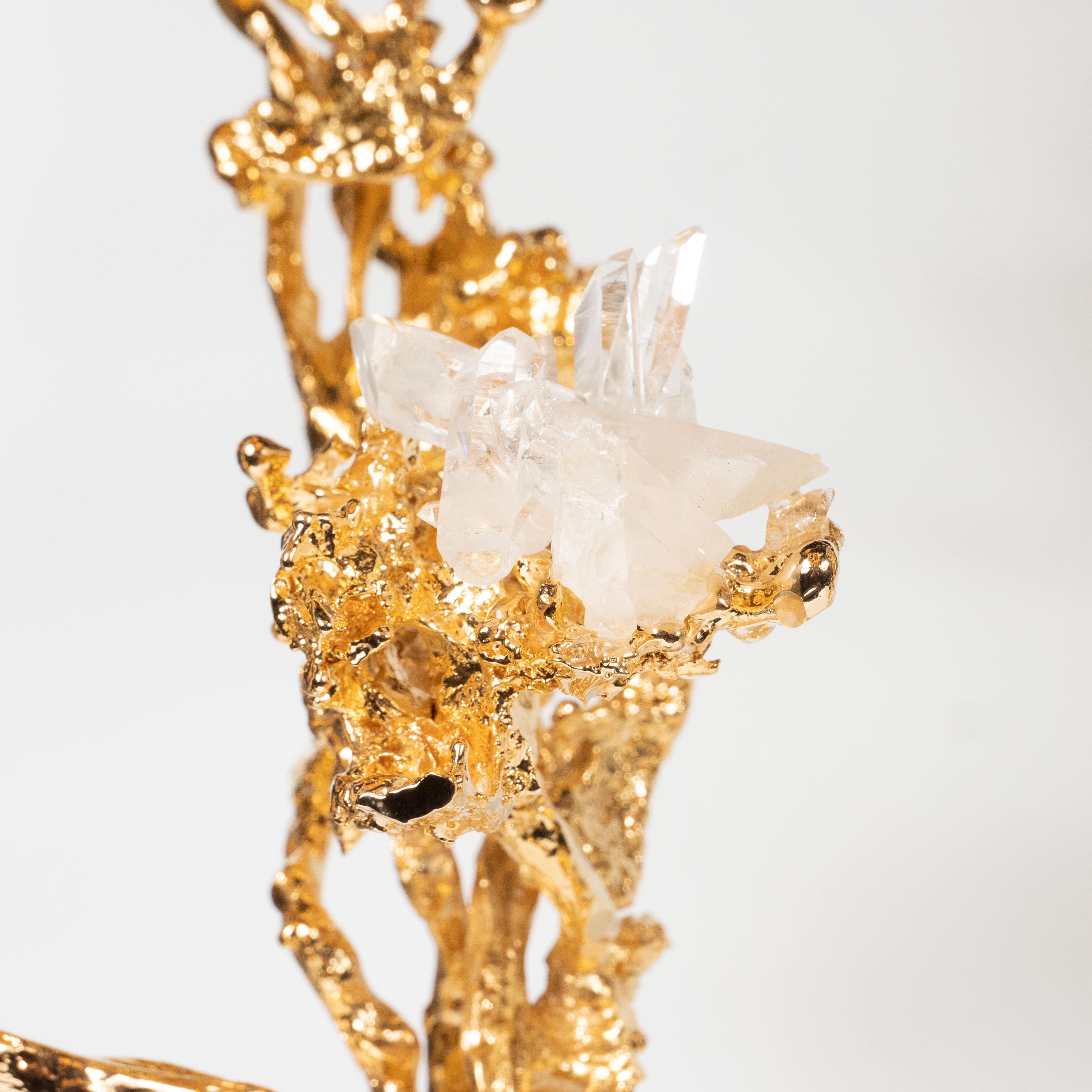 24-Karat Gold Triple Branch Candlesticks with Rock Crystals, Claude Boeltz, Pair For Sale 1