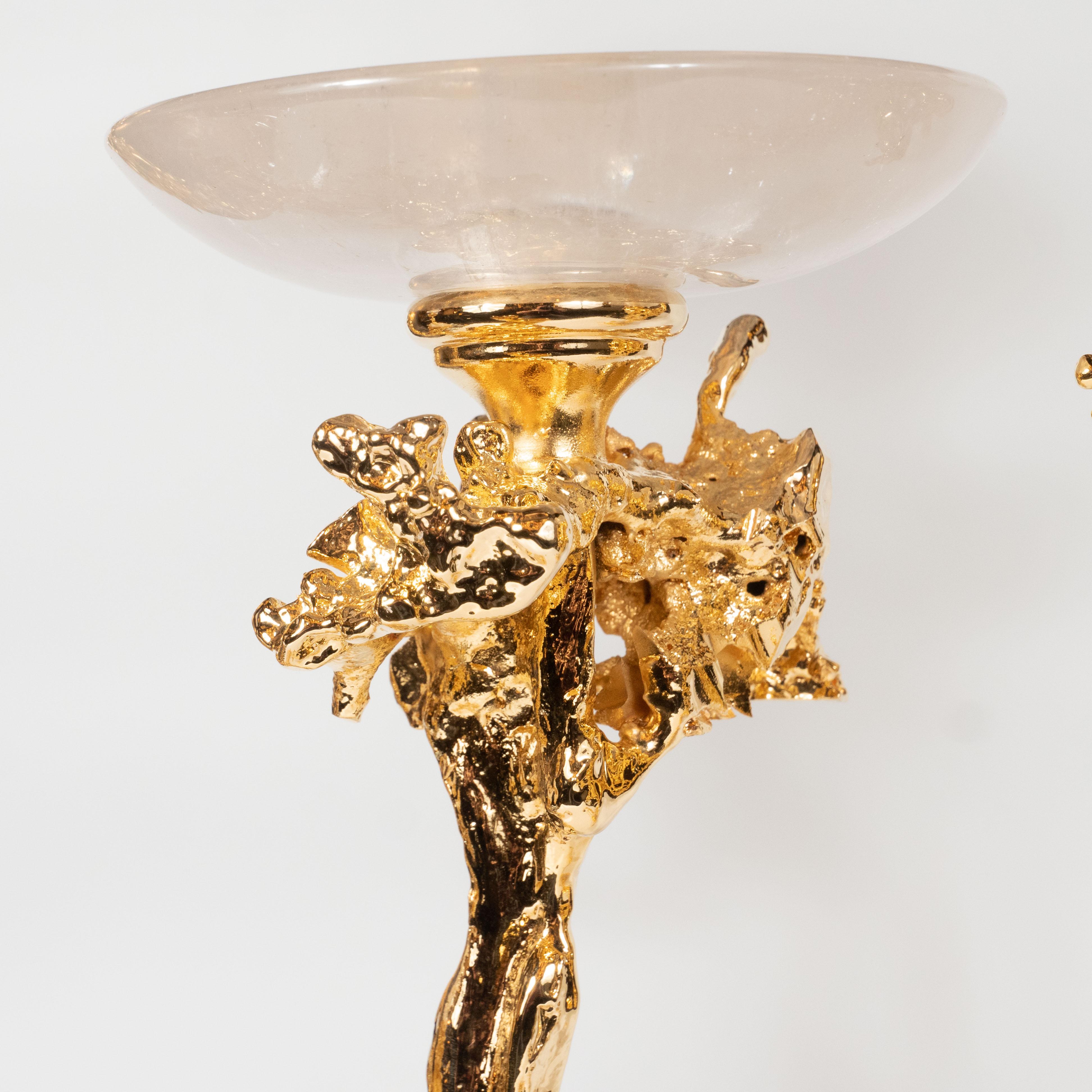 24-Karat Gold Dreireihige Kerzenständer mit Bergkristallen, Claude Boeltz, Paar im Angebot 2