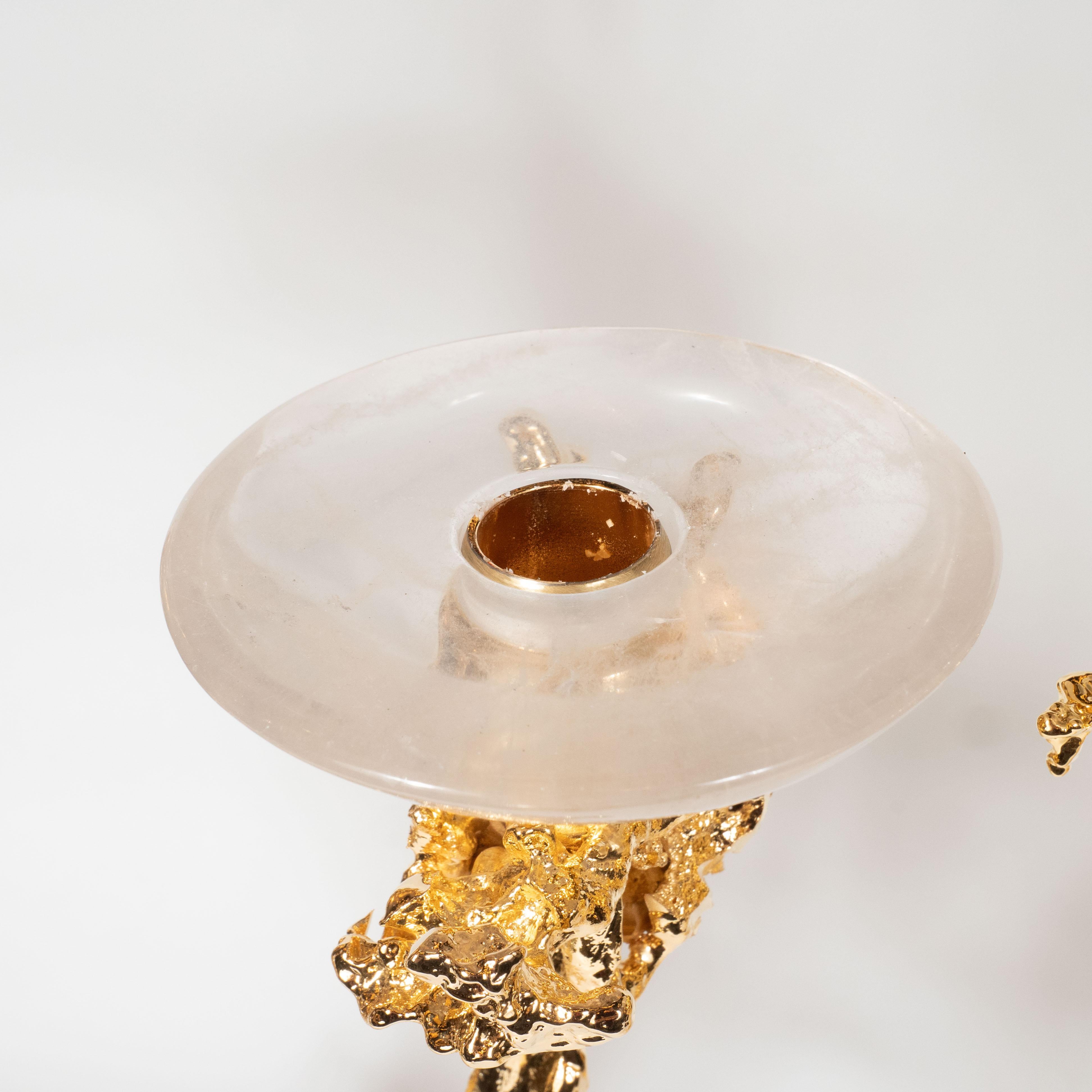 24-Karat Gold Dreireihige Kerzenständer mit Bergkristallen, Claude Boeltz, Paar im Angebot 3