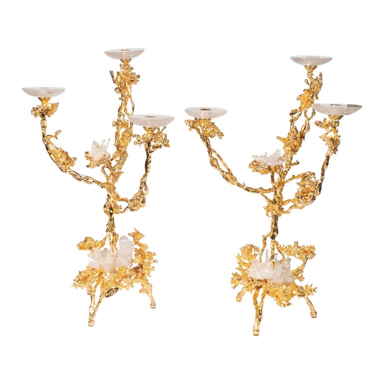 Pair of 24Kt Gold Triple Branch Candlesticks w/ Rock Crystals by Claude