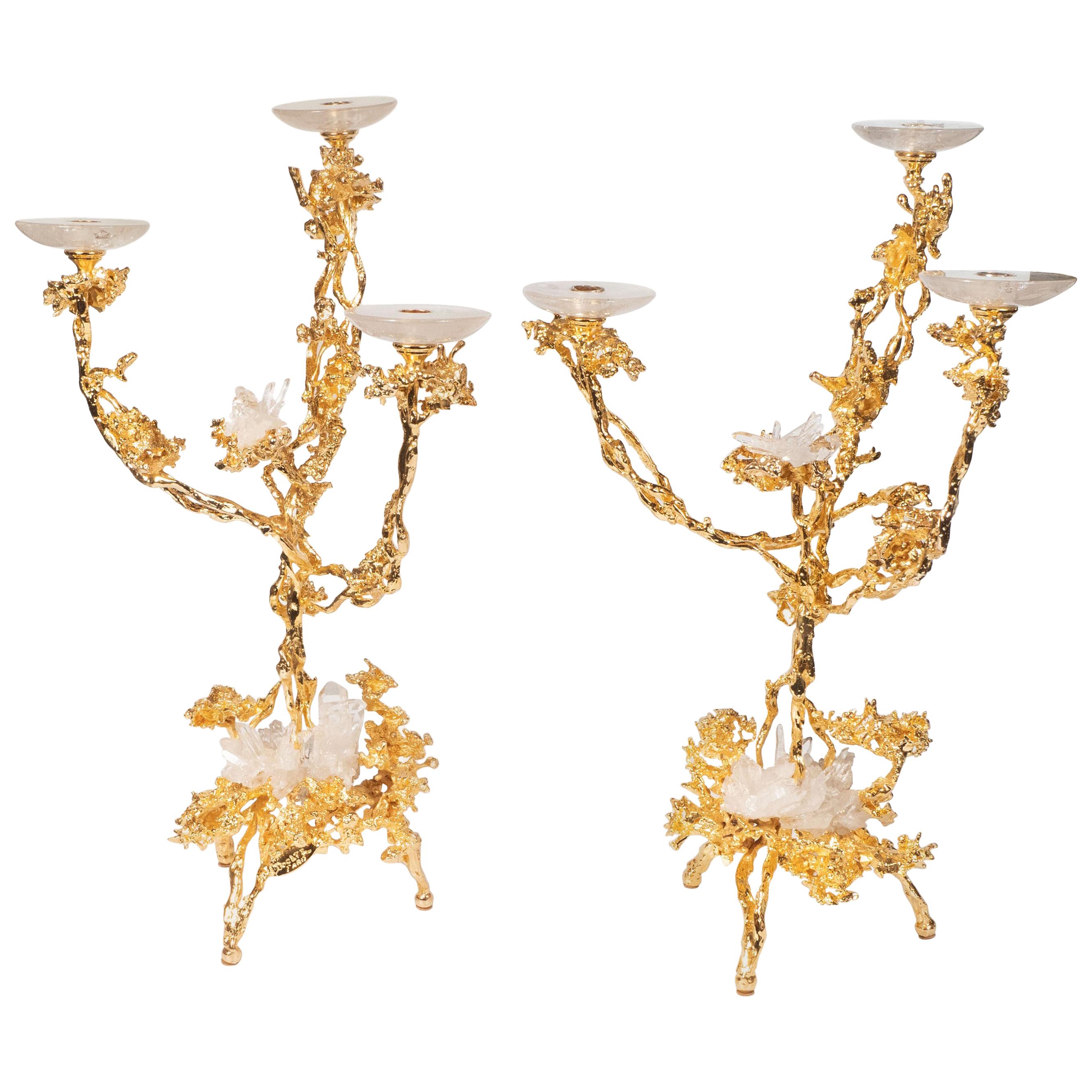 24-Karat Gold Triple Branch Candlesticks with Rock Crystals, Claude Boeltz, Pair For Sale