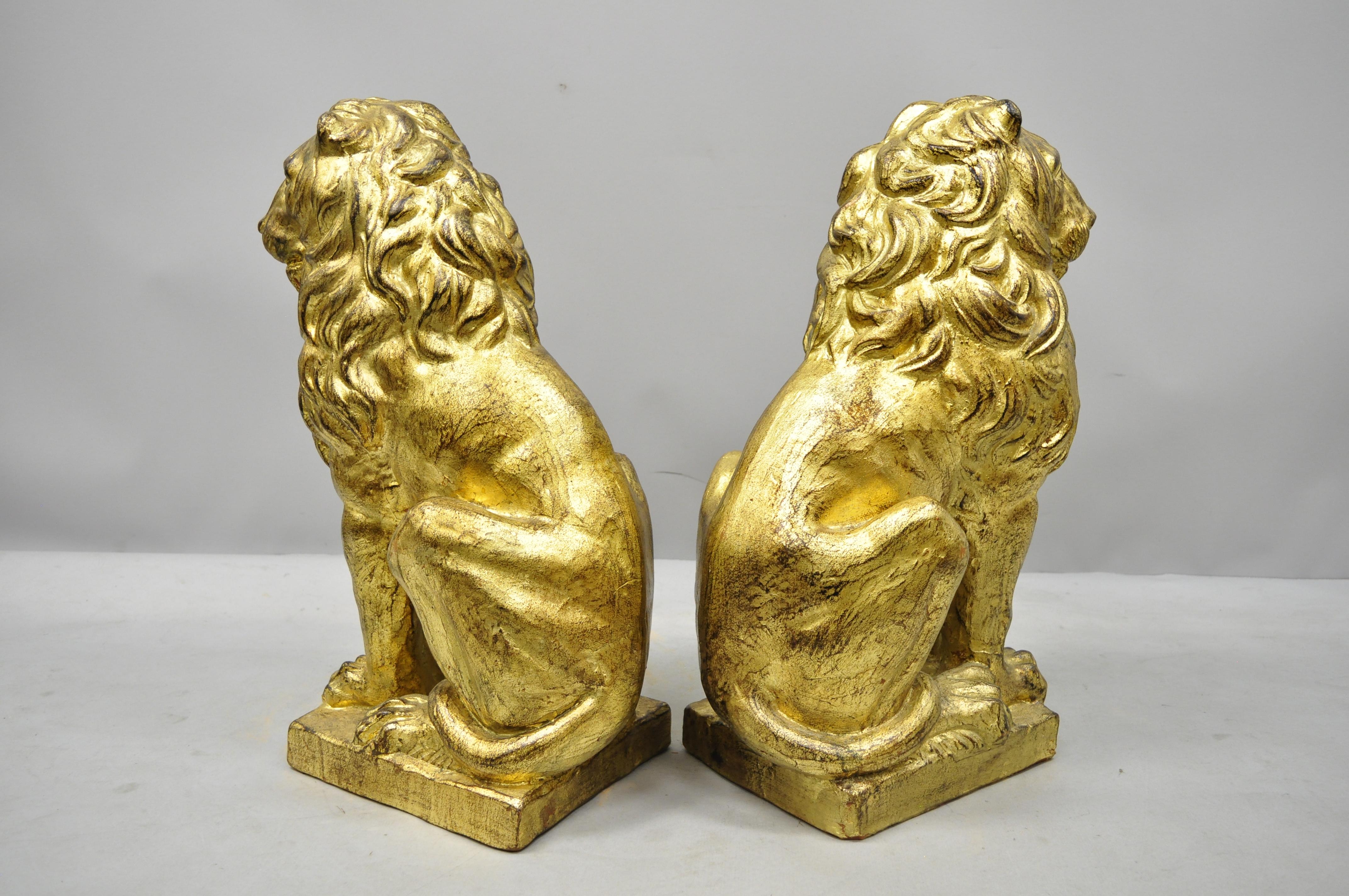Pair of Italian Terracotta Gold Leaf Lion Statues Sculpture 3