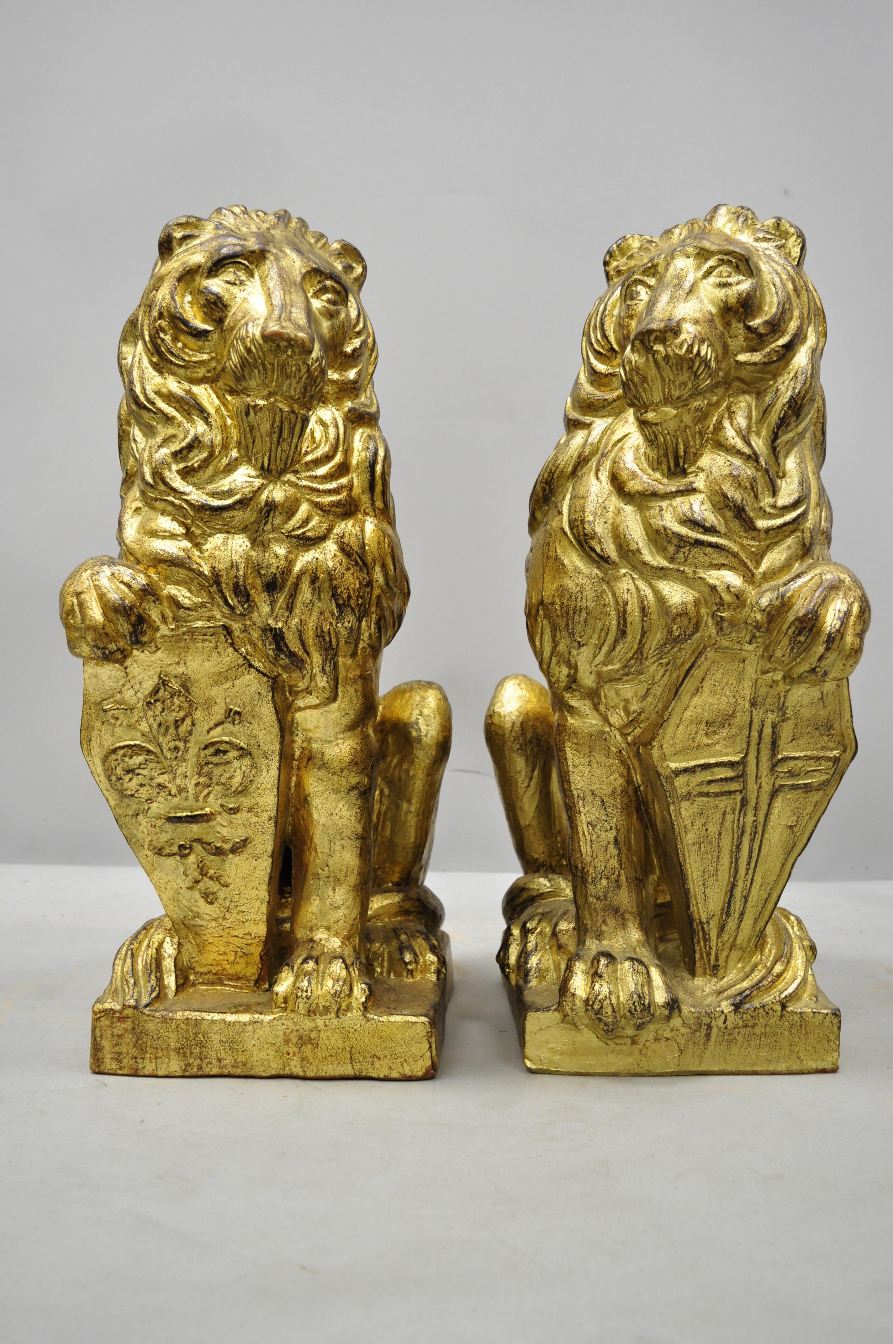Pair of Italian Terracotta Gold Leaf Lion Statues Sculpture 4
