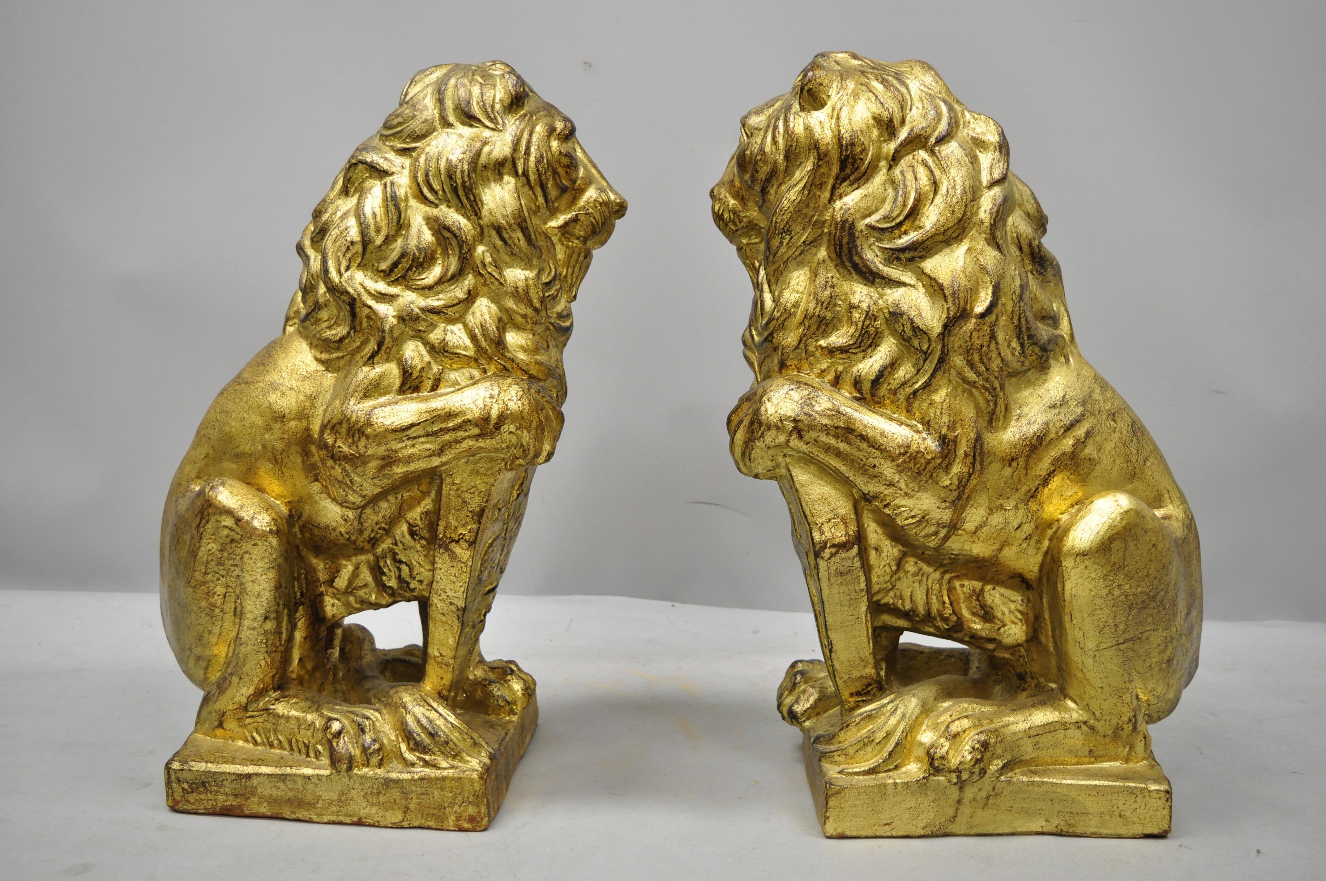 Pair of Italian Terracotta Gold Leaf Lion Statues Sculpture (Hollywood Regency)