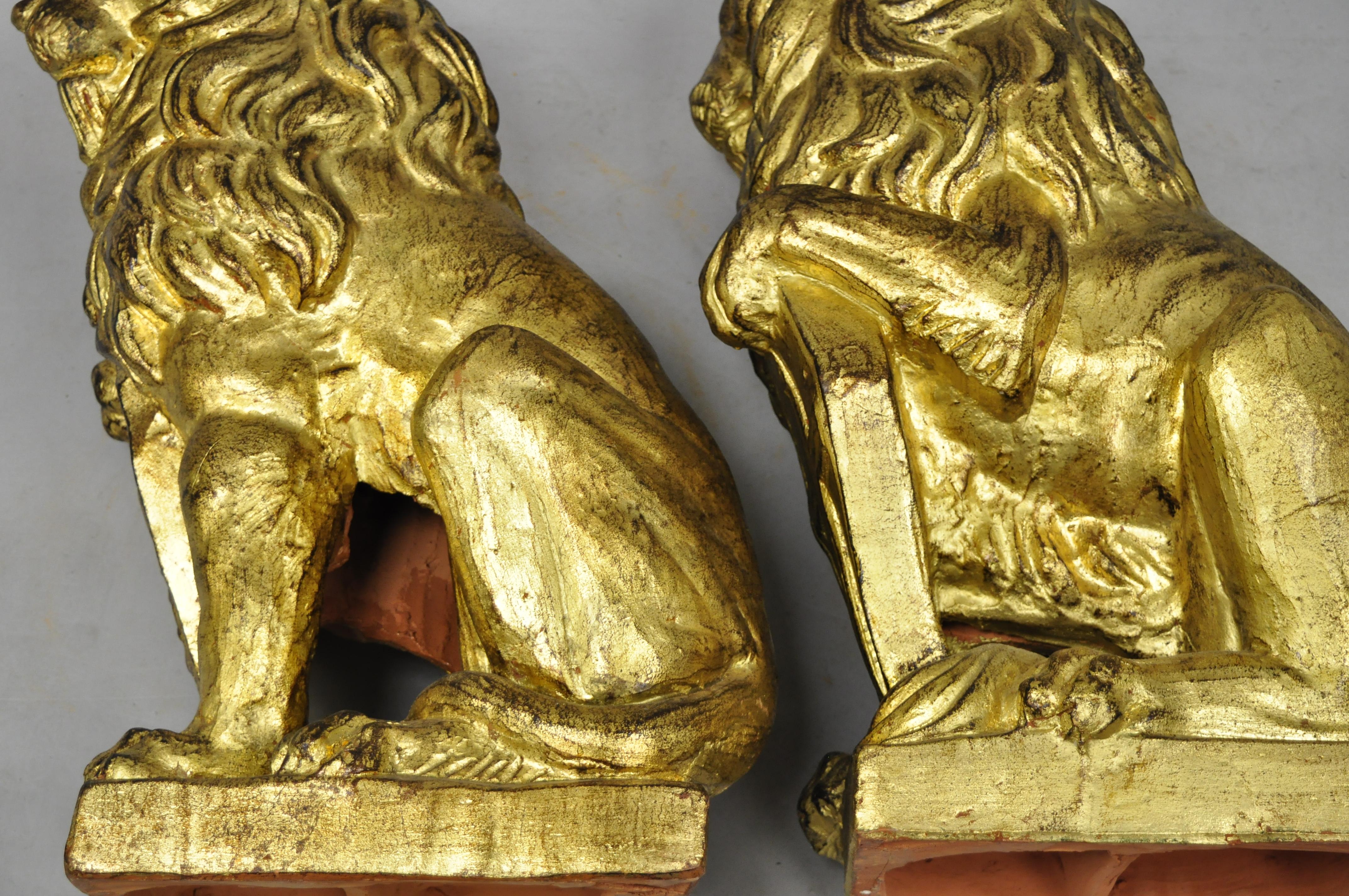 Hollywood Regency Pair of Italian Terracotta Gold Leaf Lion Statues Sculpture