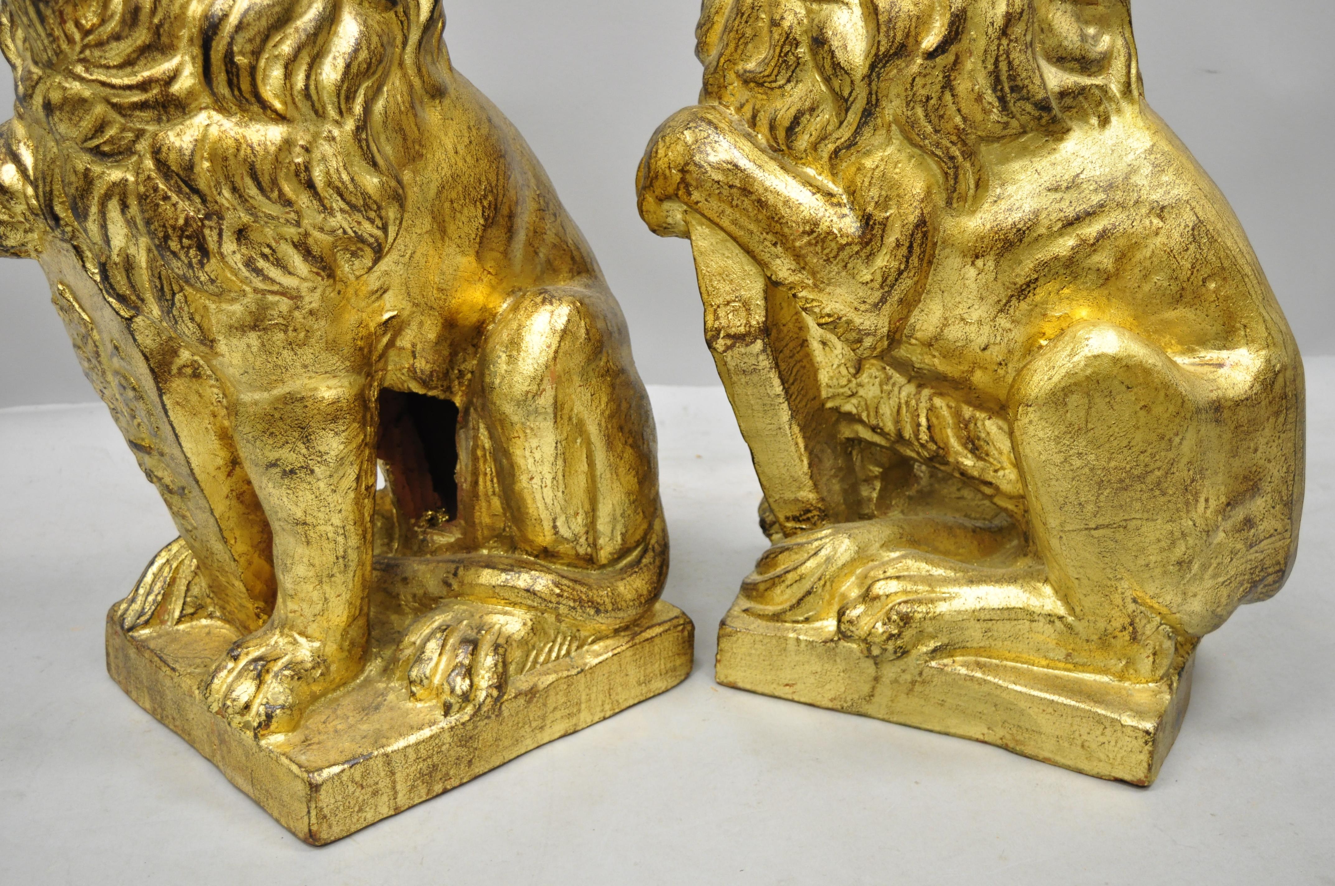 Pair of Italian Terracotta Gold Leaf Lion Statues Sculpture In Good Condition In Philadelphia, PA