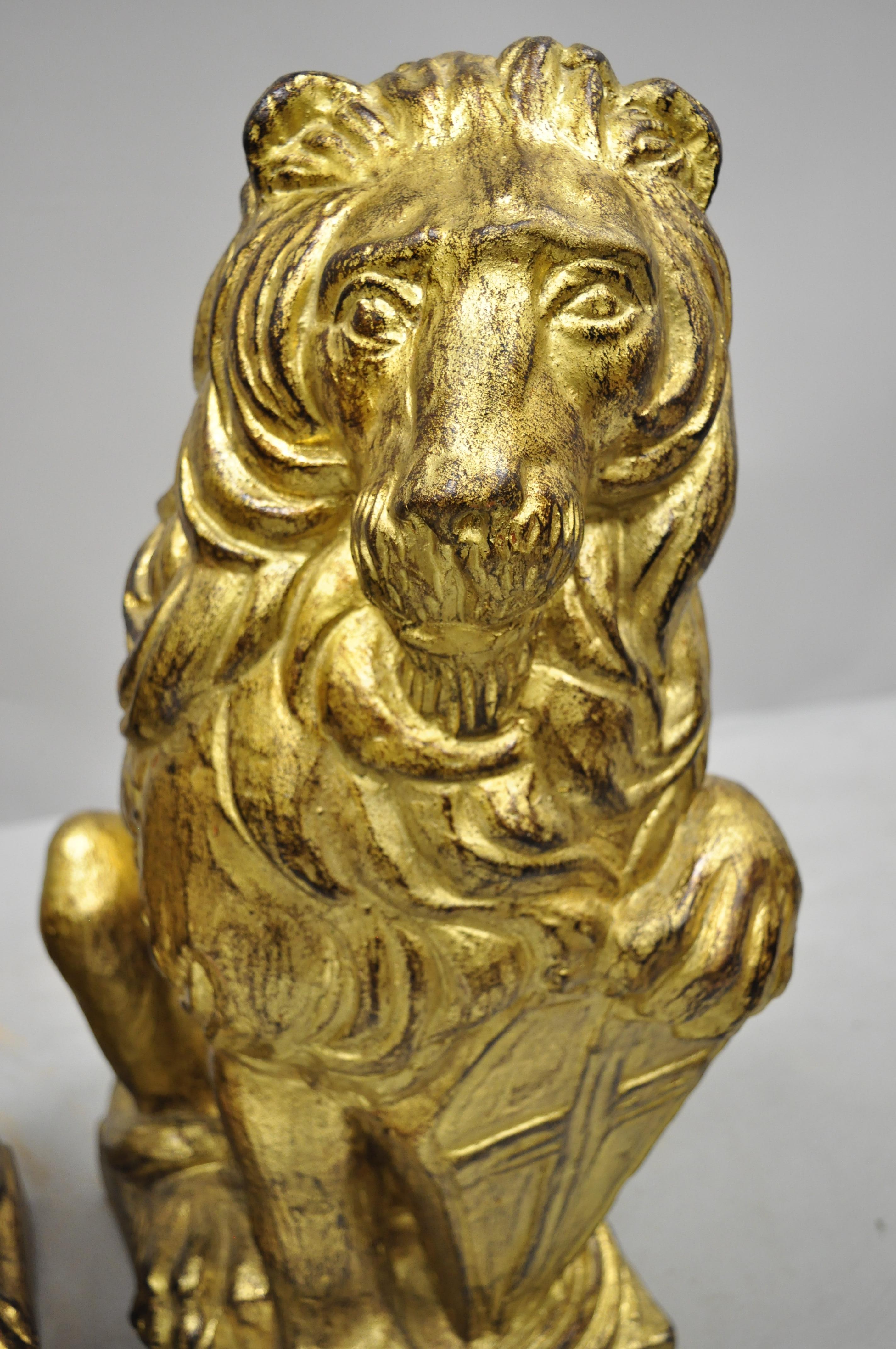 20th Century Pair of Italian Terracotta Gold Leaf Lion Statues Sculpture