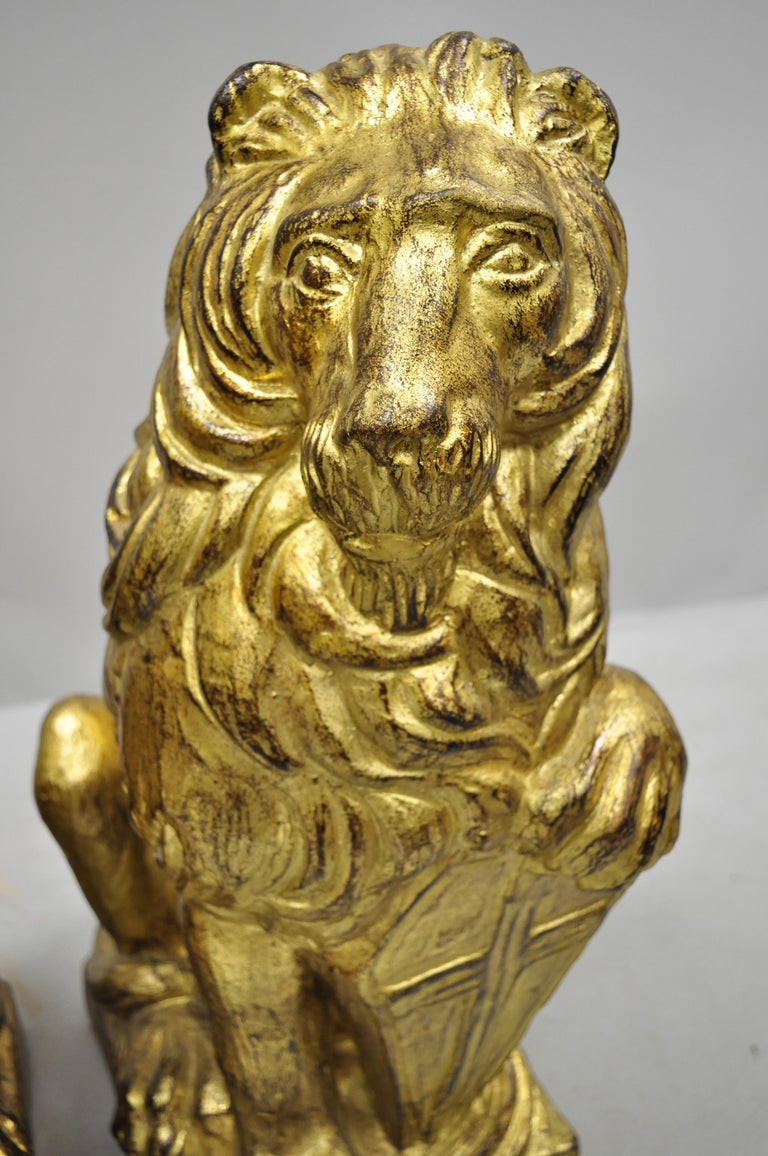 Pair of Italian Terracotta Gold Leaf Lion Statues Sculpture at 1stDibs