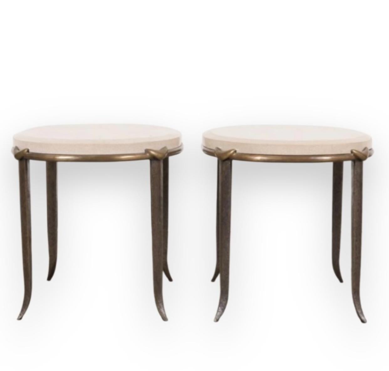Pair of 27” Tall Bronze and Indiana Limestone Tables By Tom Corbin.  For Sale 1