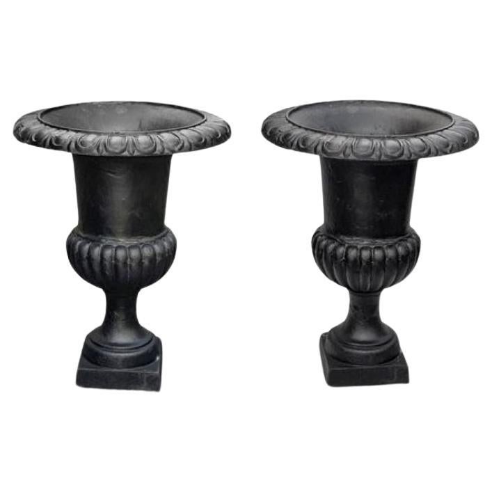 Pair of 29" French Cast Iron Urn Black Planters For Sale
