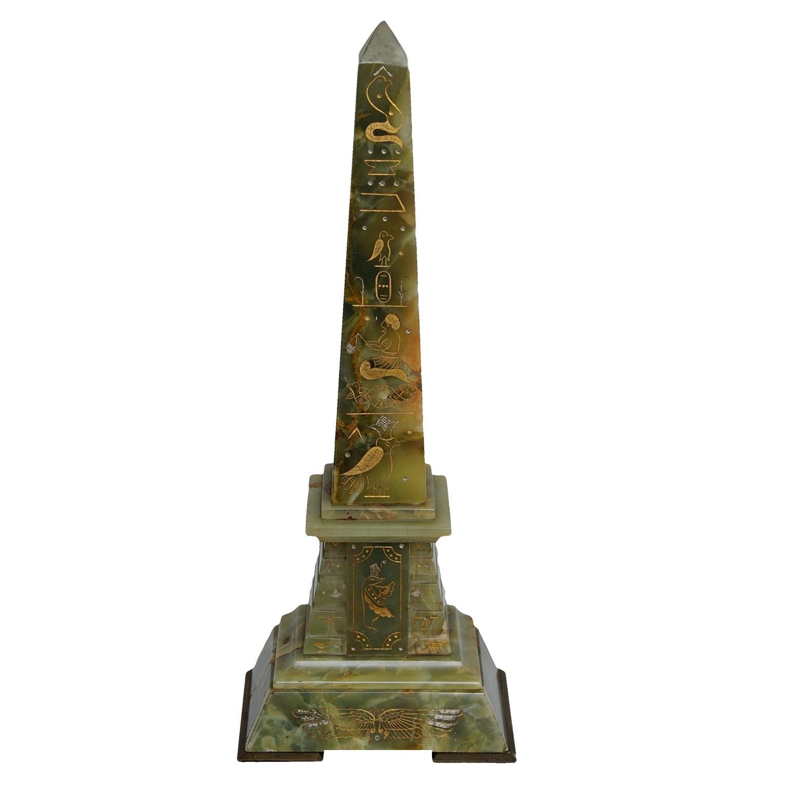 This is a lovely pair of 2nd Empire Napoleonic style green onyx Obelisks with engraved gilt hieroglyphics, circa 1860.
Beautiful pieces to adorn any room.