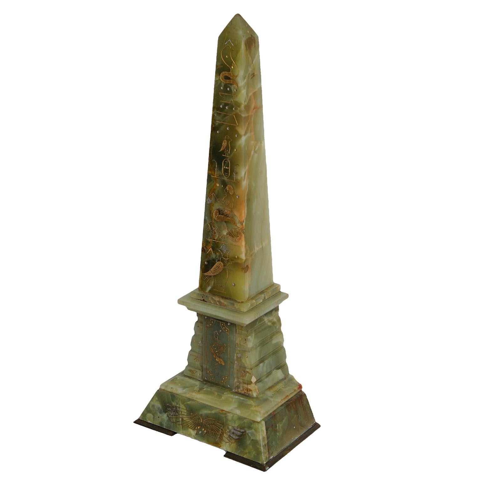 French Pair of 2nd Empire Napoleonic Style Green Onyx Obelisks, circa 1860 For Sale
