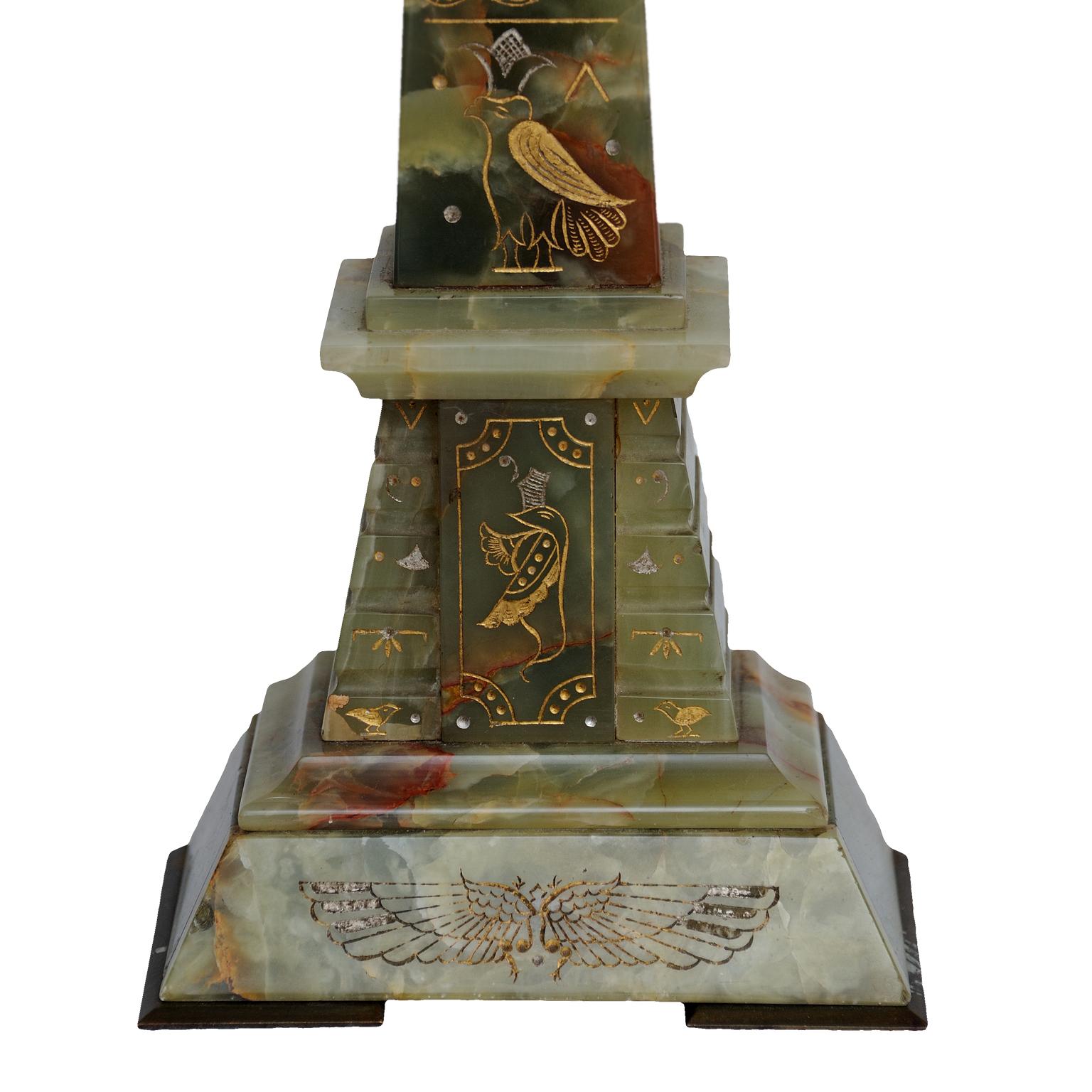 Polished Pair of 2nd Empire Napoleonic Style Green Onyx Obelisks, circa 1860 For Sale