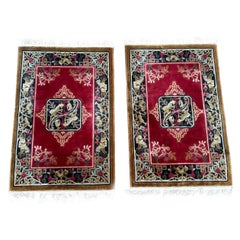 PAIR Of 2x3 Vintage Silk Chinese Rugs Dragons Tapestry 61cm x 92cm each c.1950