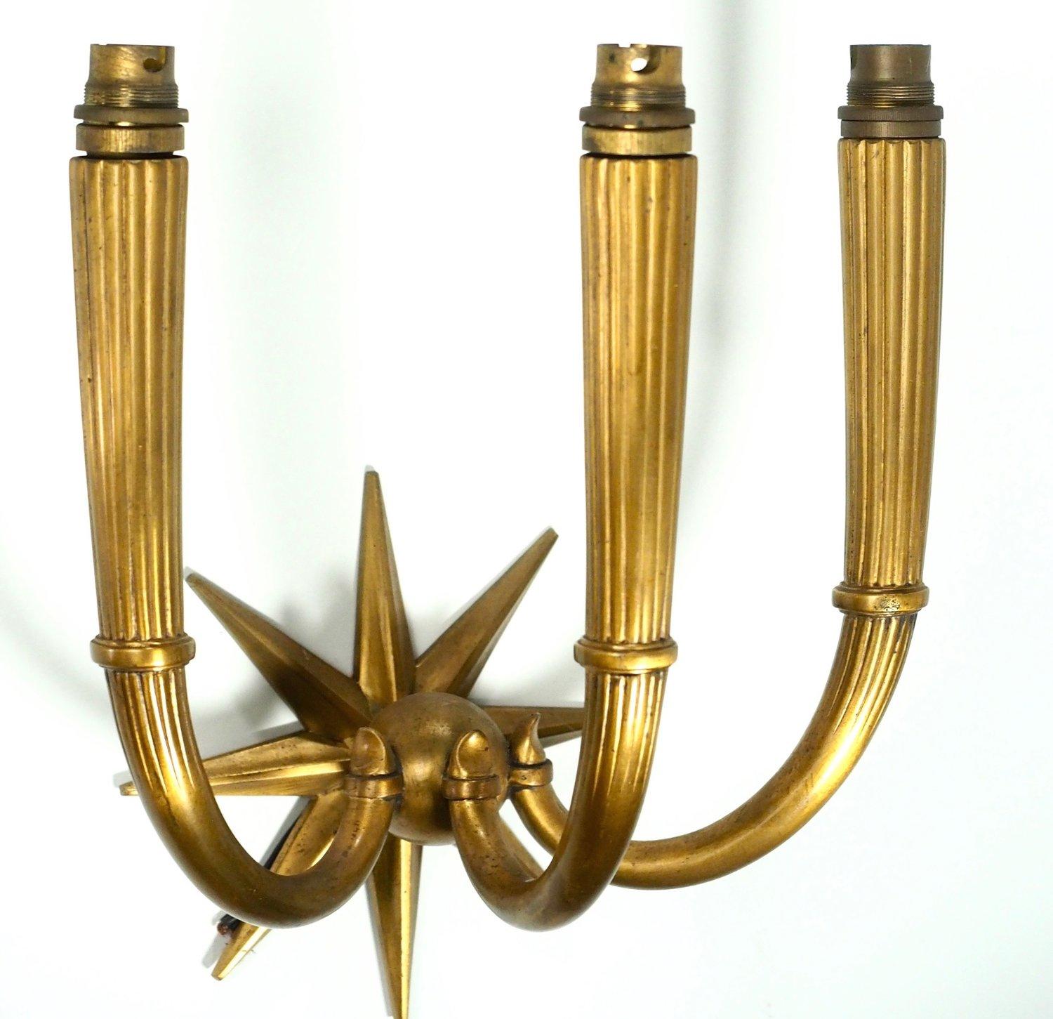 Art Deco Pair of 3-Branch Gilt Bronze Sconces
