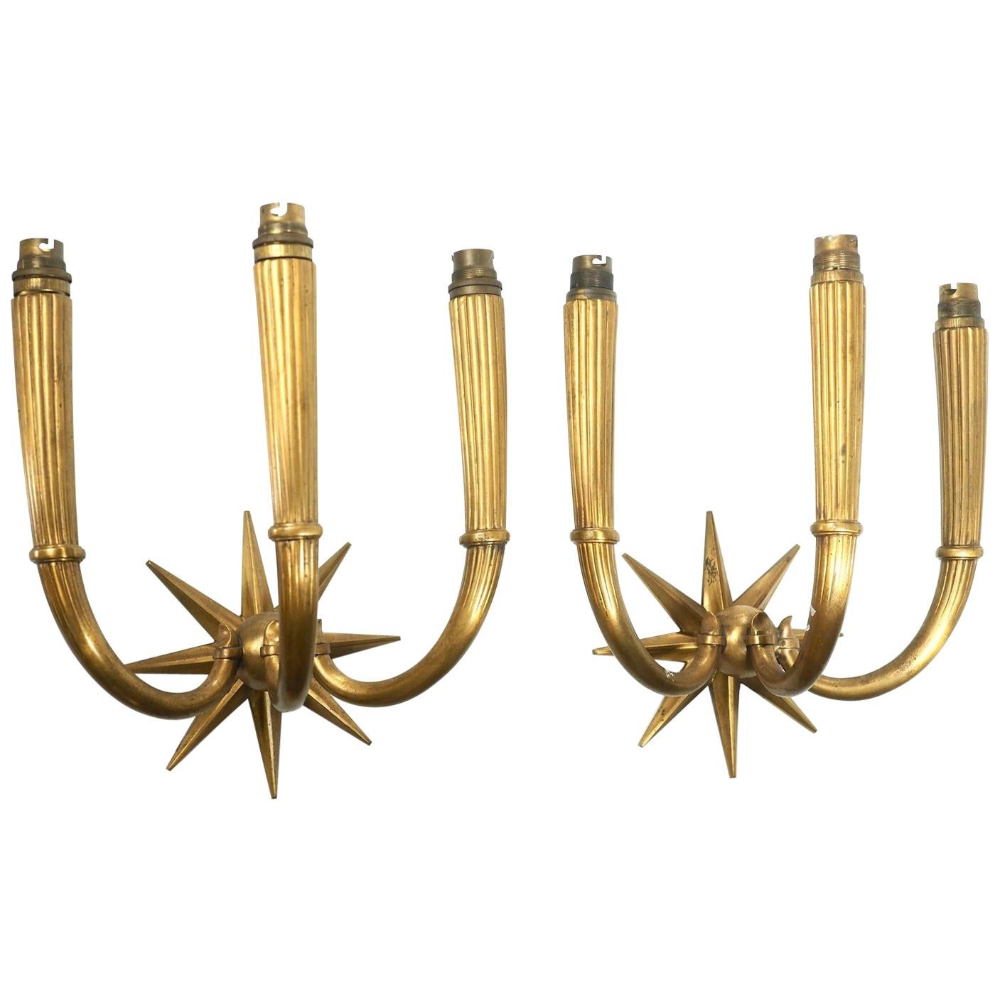 Pair of 3-Branch Gilt Bronze Sconces