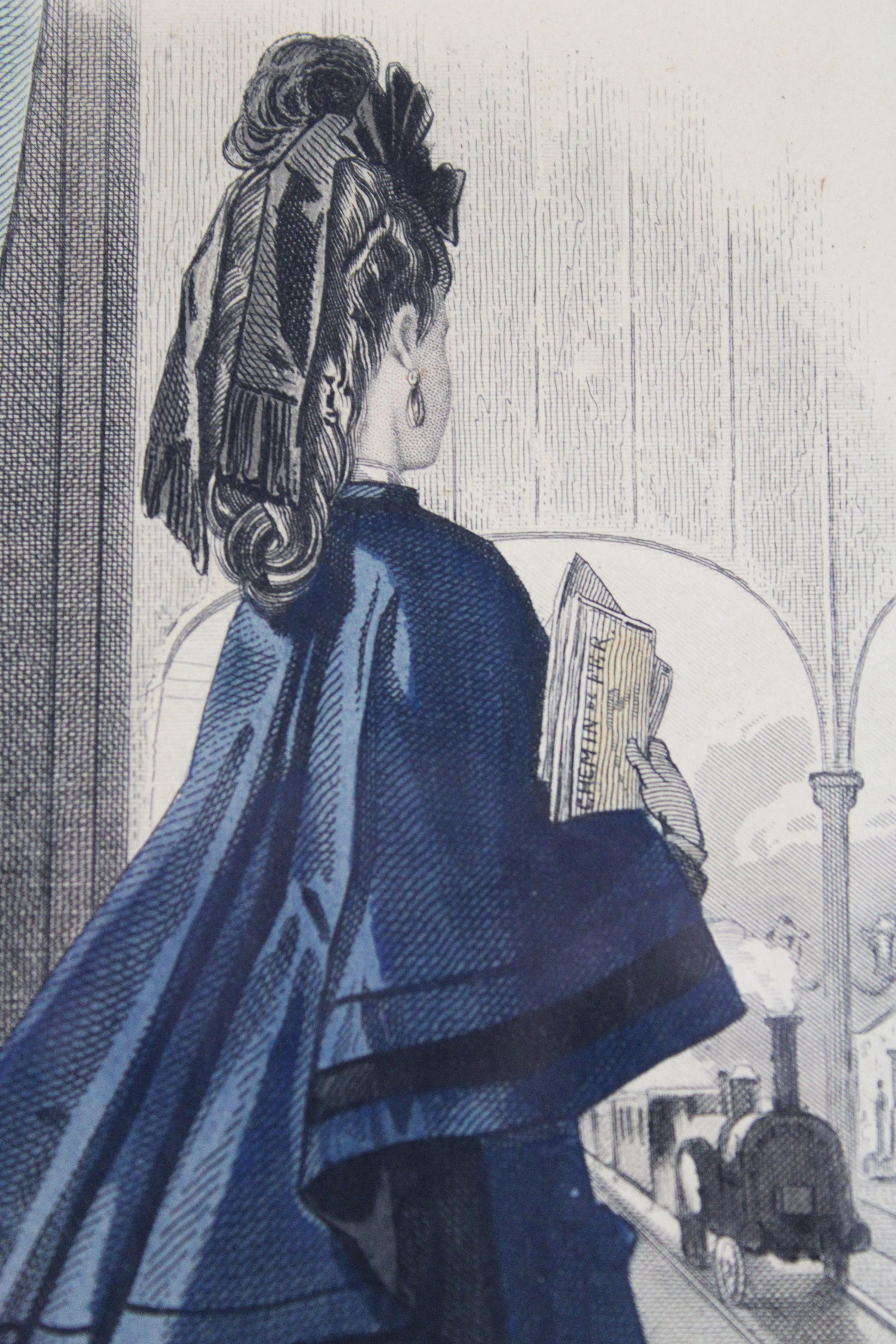 Pair of 3 Colored etches “Journal des dames & des demoiselles” Paris France 1870 For Sale 4