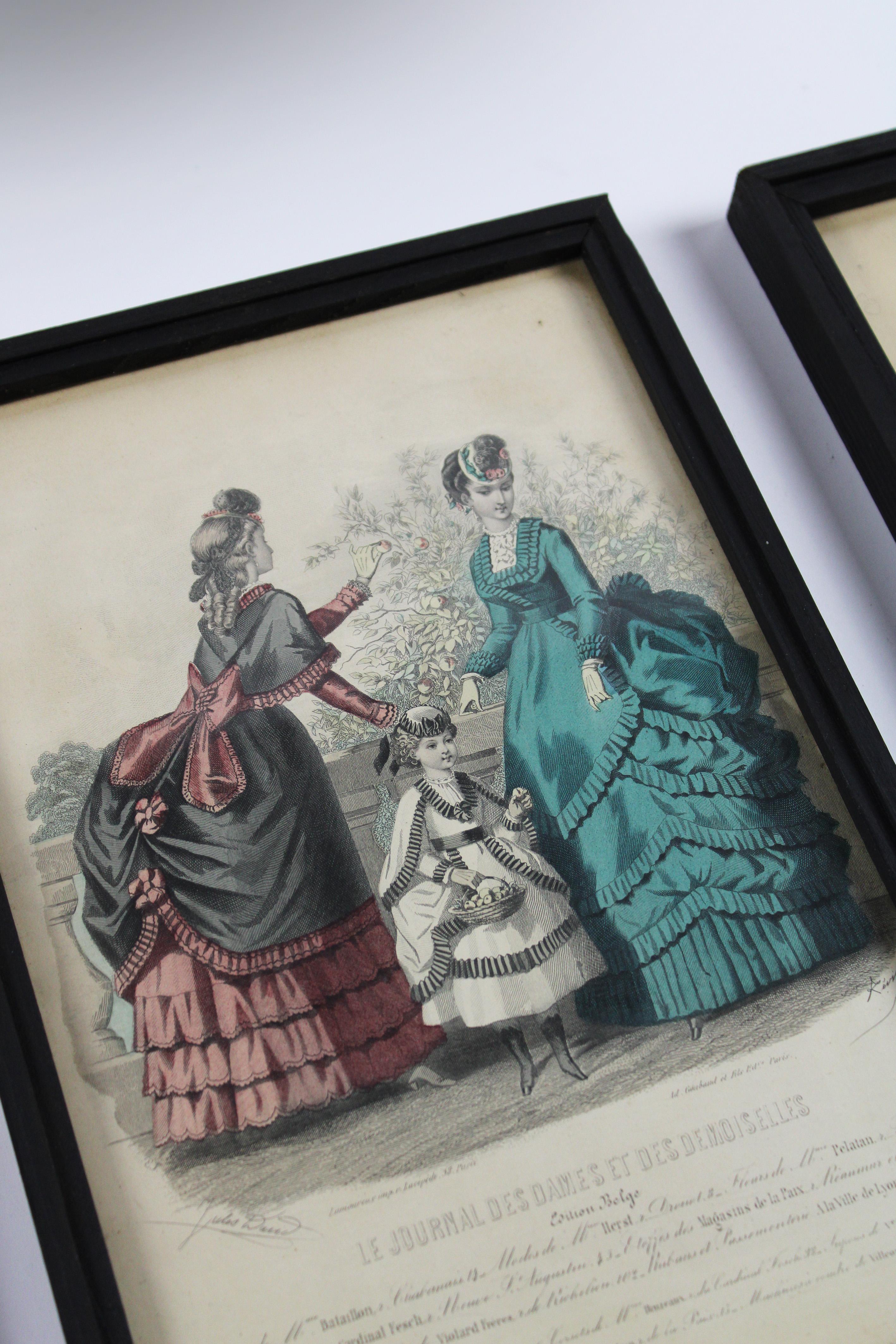 
This pair of three detailed colored etchings, dating from 1870, offer a fascinating insight into the fashion of the late 19th century. Created for the renowned French fashion magazine Journal des dames & des demoiselles, these etchings capture