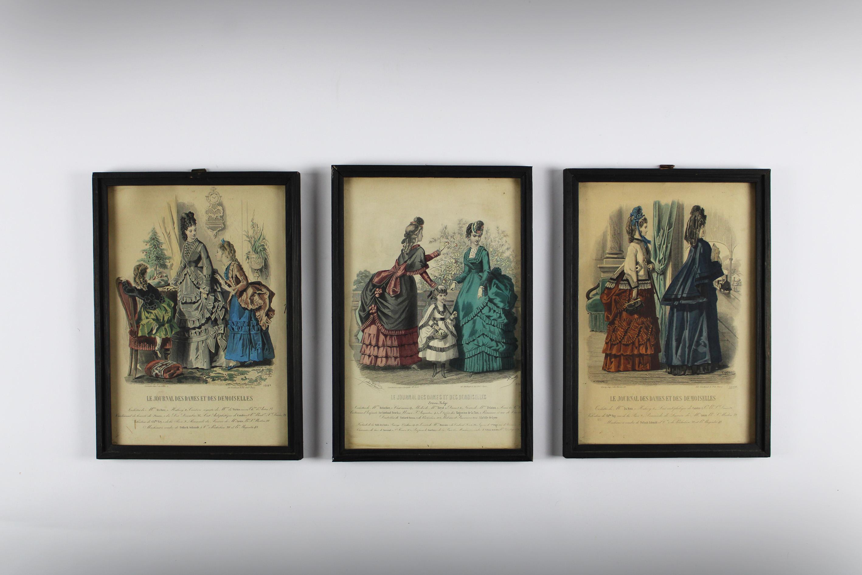 Art Nouveau Pair of 3 Colored etches “Journal des dames & des demoiselles” Paris France 1870 For Sale