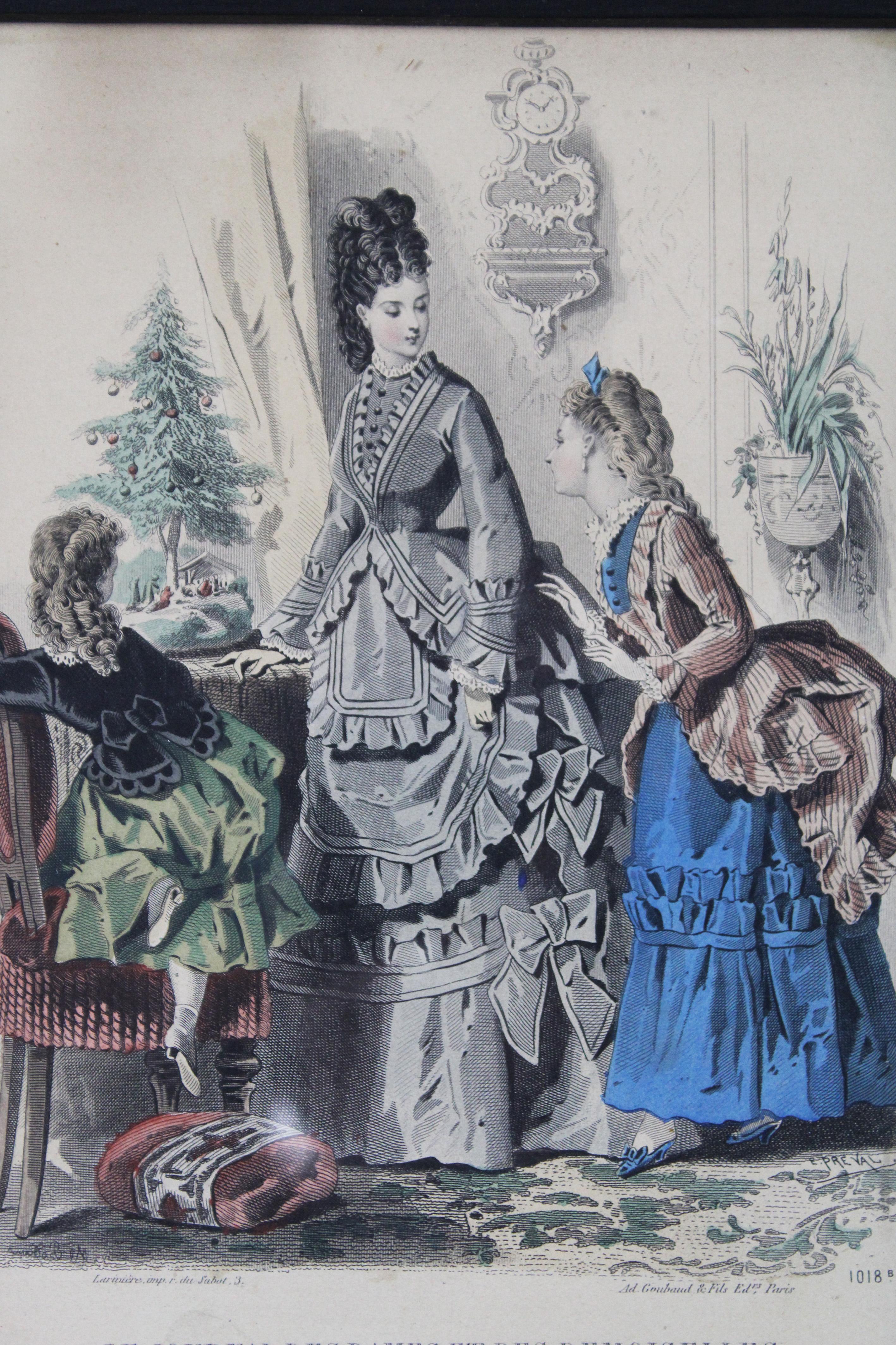 French Pair of 3 Colored etches “Journal des dames & des demoiselles” Paris France 1870 For Sale
