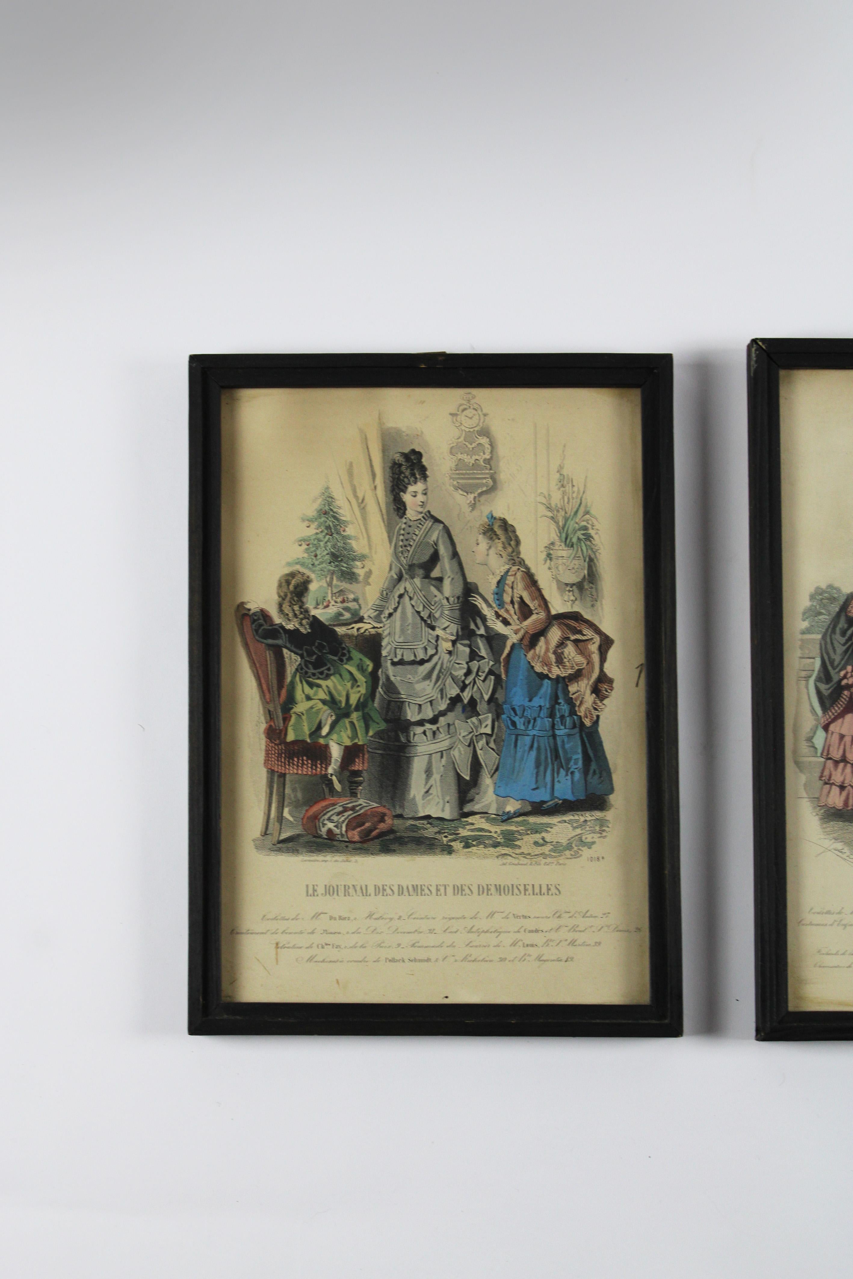 Hand-Crafted Pair of 3 Colored etches “Journal des dames & des demoiselles” Paris France 1870 For Sale