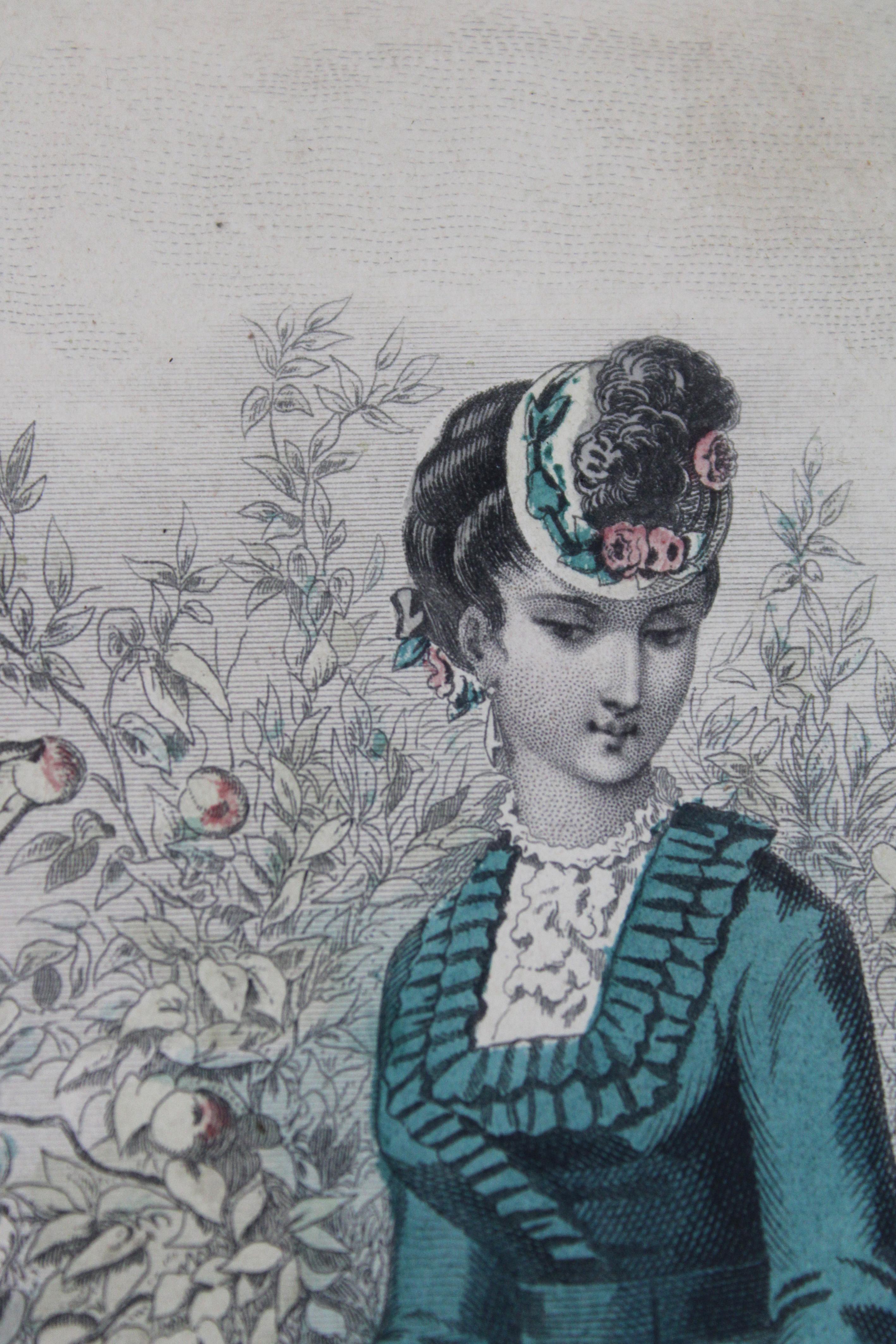 19th Century Pair of 3 Colored etches “Journal des dames & des demoiselles” Paris France 1870 For Sale