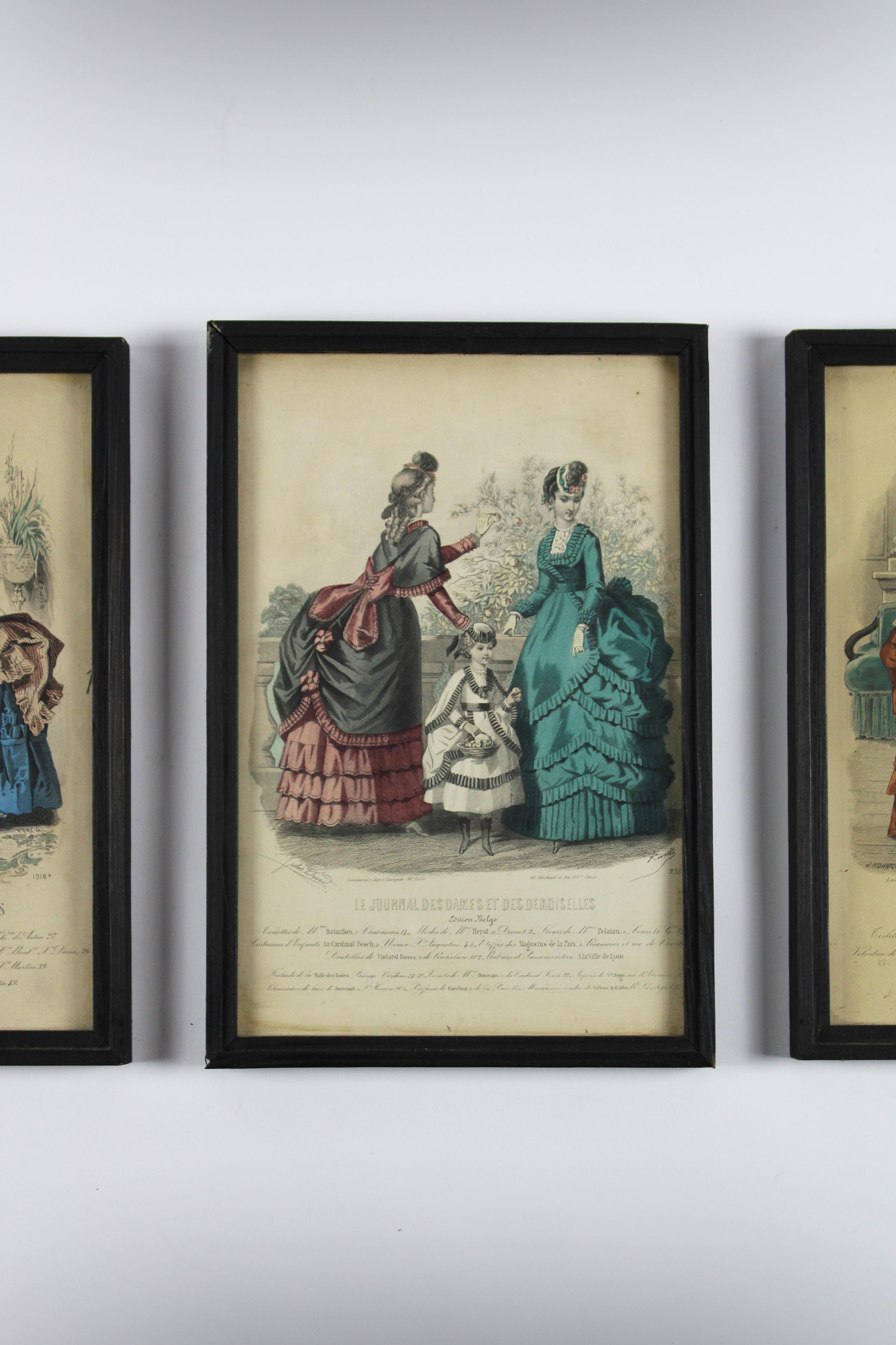 Paper Pair of 3 Colored etches “Journal des dames & des demoiselles” Paris France 1870 For Sale