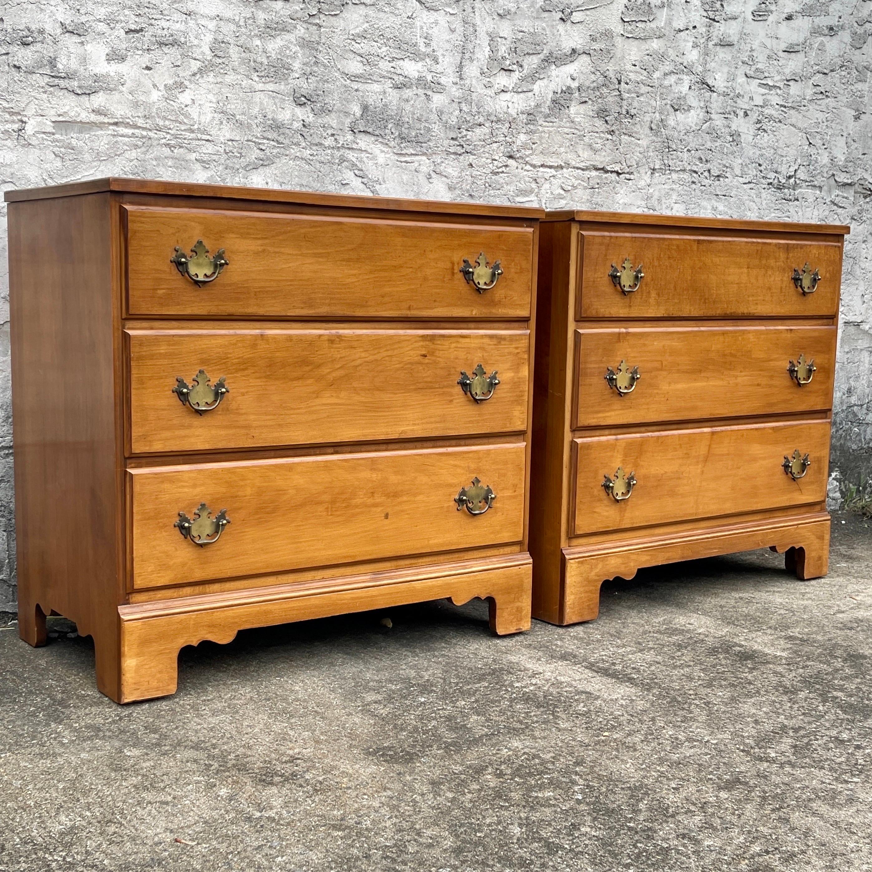 Biedermeier Pair of 3 Drawer Maplewood Chests of Drawers with Brass Hardware