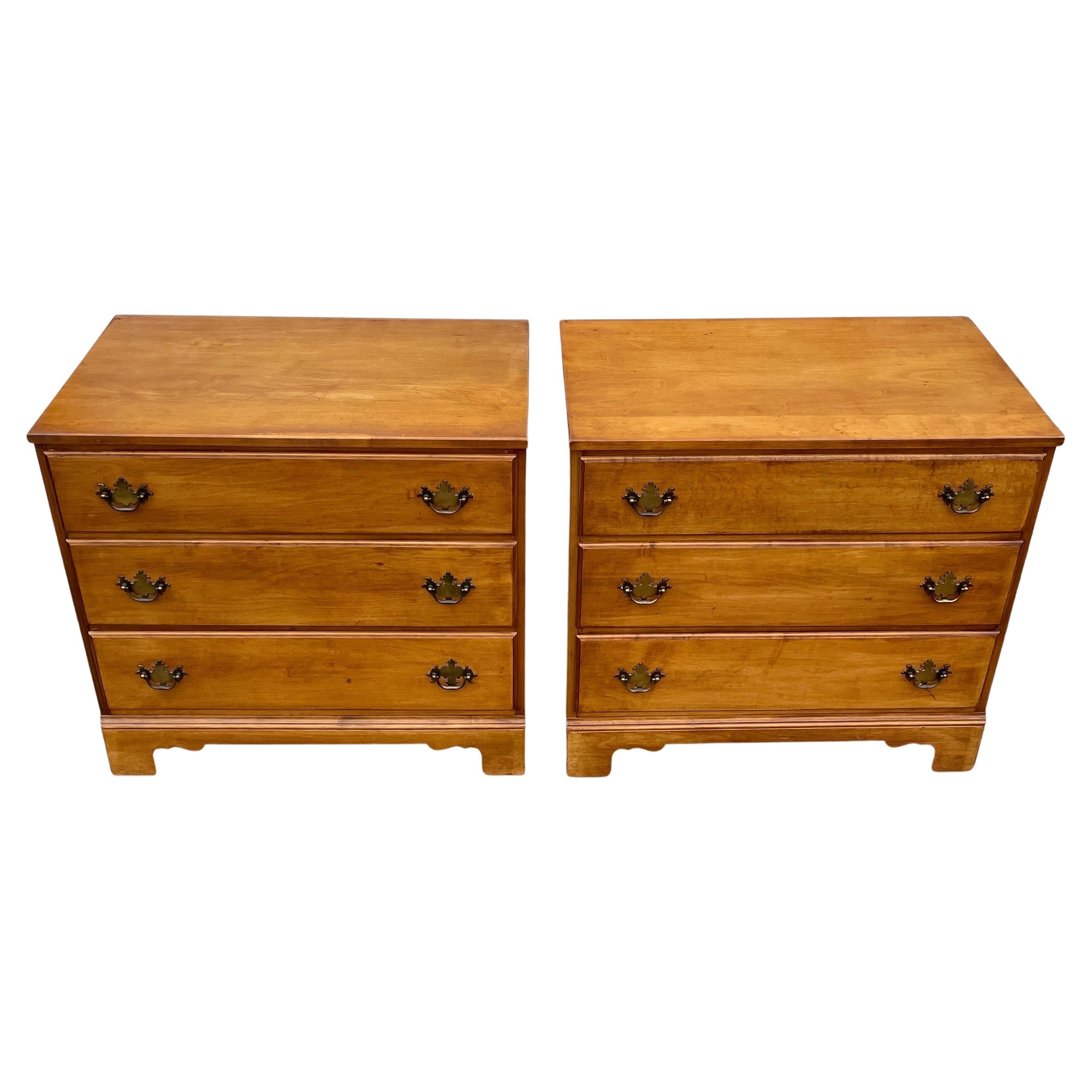 Hand-Crafted Pair of 3 Drawer Maplewood Chests of Drawers with Brass Hardware