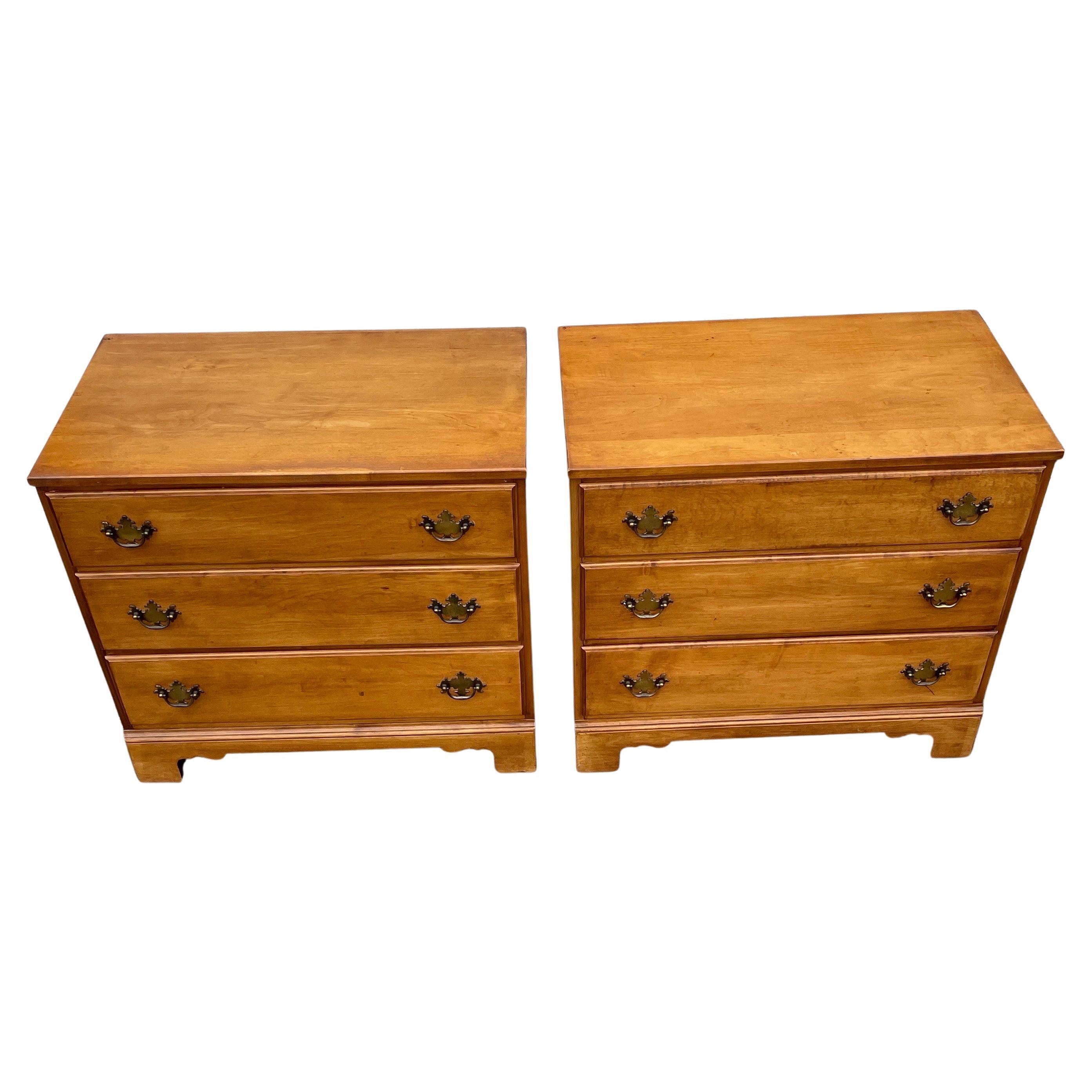 Pair of 3 Drawer Maplewood Chests of Drawers with Brass Hardware In Good Condition In Haddonfield, NJ