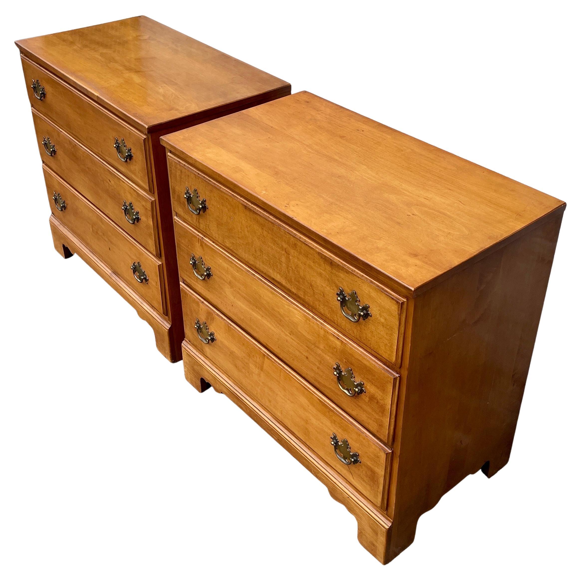20th Century Pair of 3 Drawer Maplewood Chests of Drawers with Brass Hardware