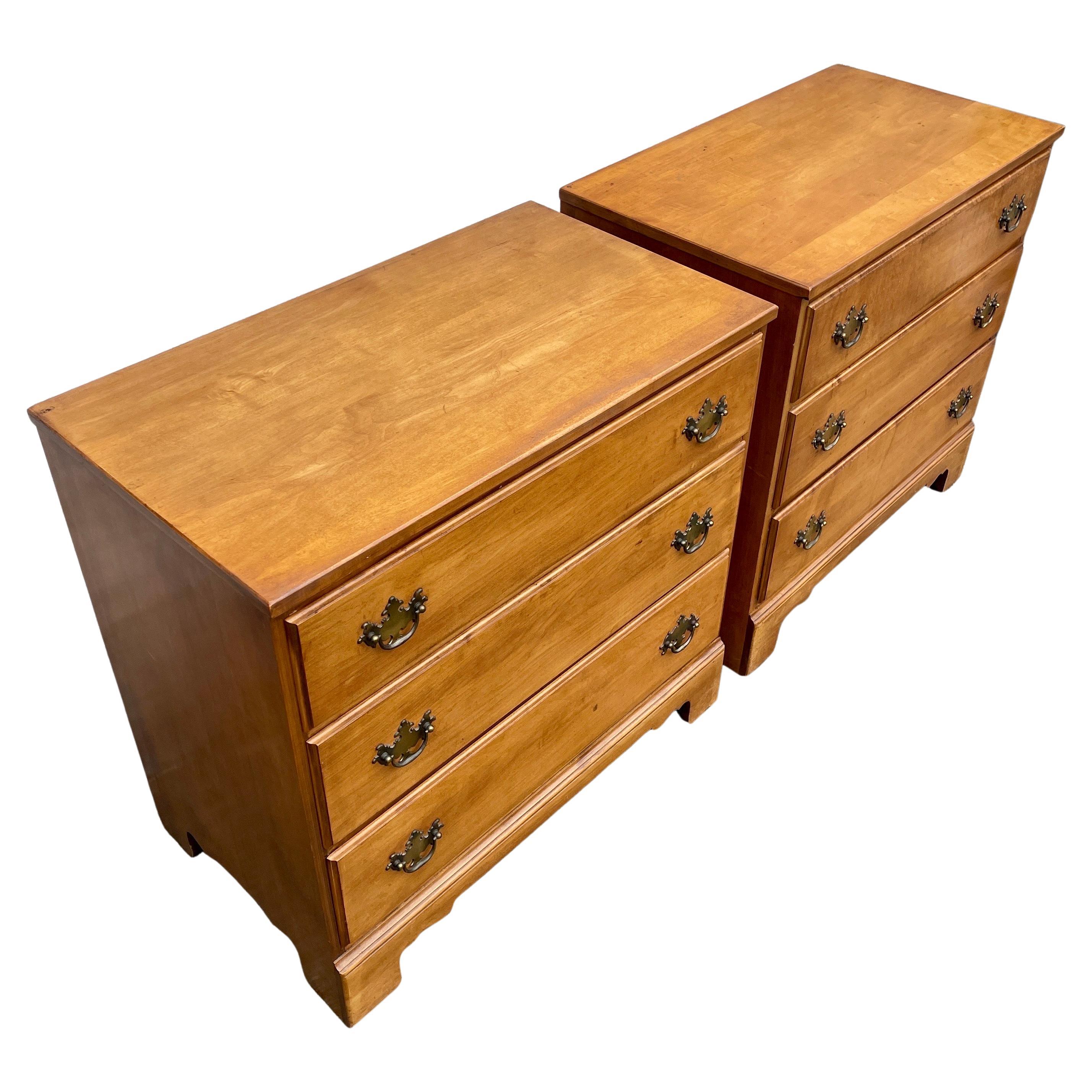 Pair of 3 Drawer Maplewood Chests of Drawers with Brass Hardware 1