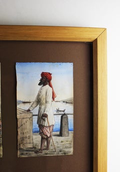 Pair of 3 drawings Colonial Traditional dressed men Oak panel Singapore 1905