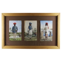 Pair of 3 drawings Colonial Traditional dressed men Oak panel Singapore 1905