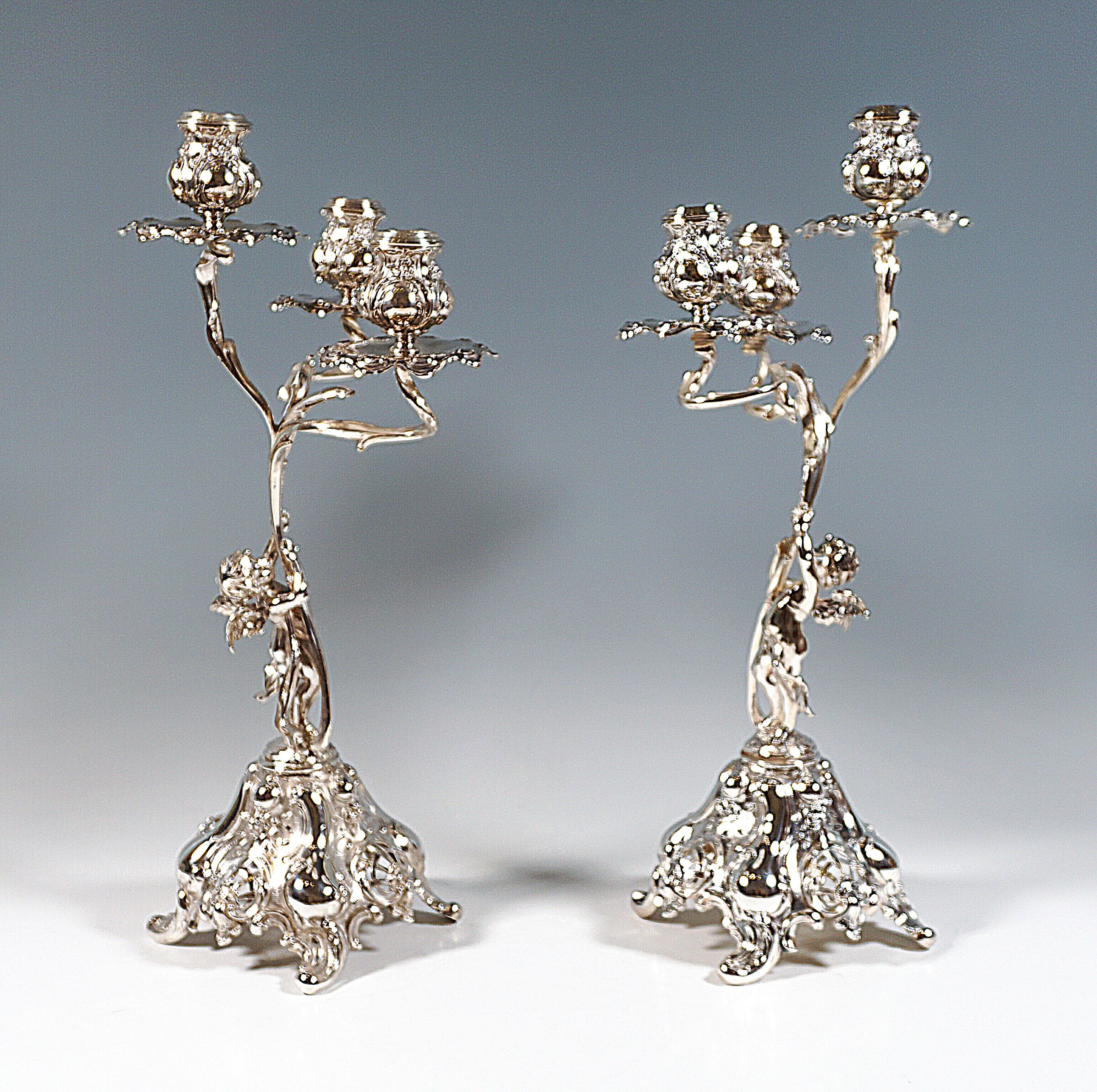 Hand-Crafted Pair Of 3-Flame Art Nouveau Silver Candleholders With Putti, Germany, Ca 1900 For Sale