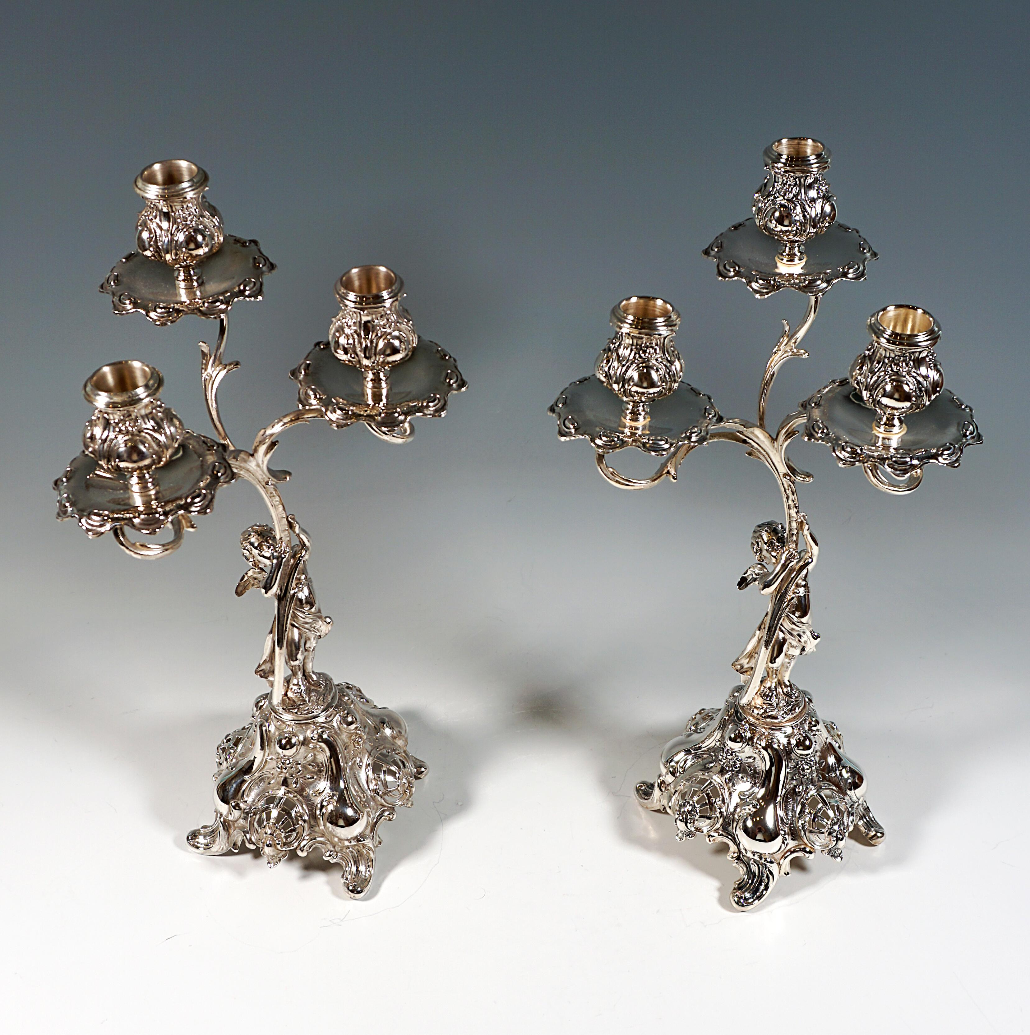 Pair Of 3-Flame Art Nouveau Silver Candleholders With Putti, Germany, Ca 1900 In Good Condition For Sale In Vienna, AT