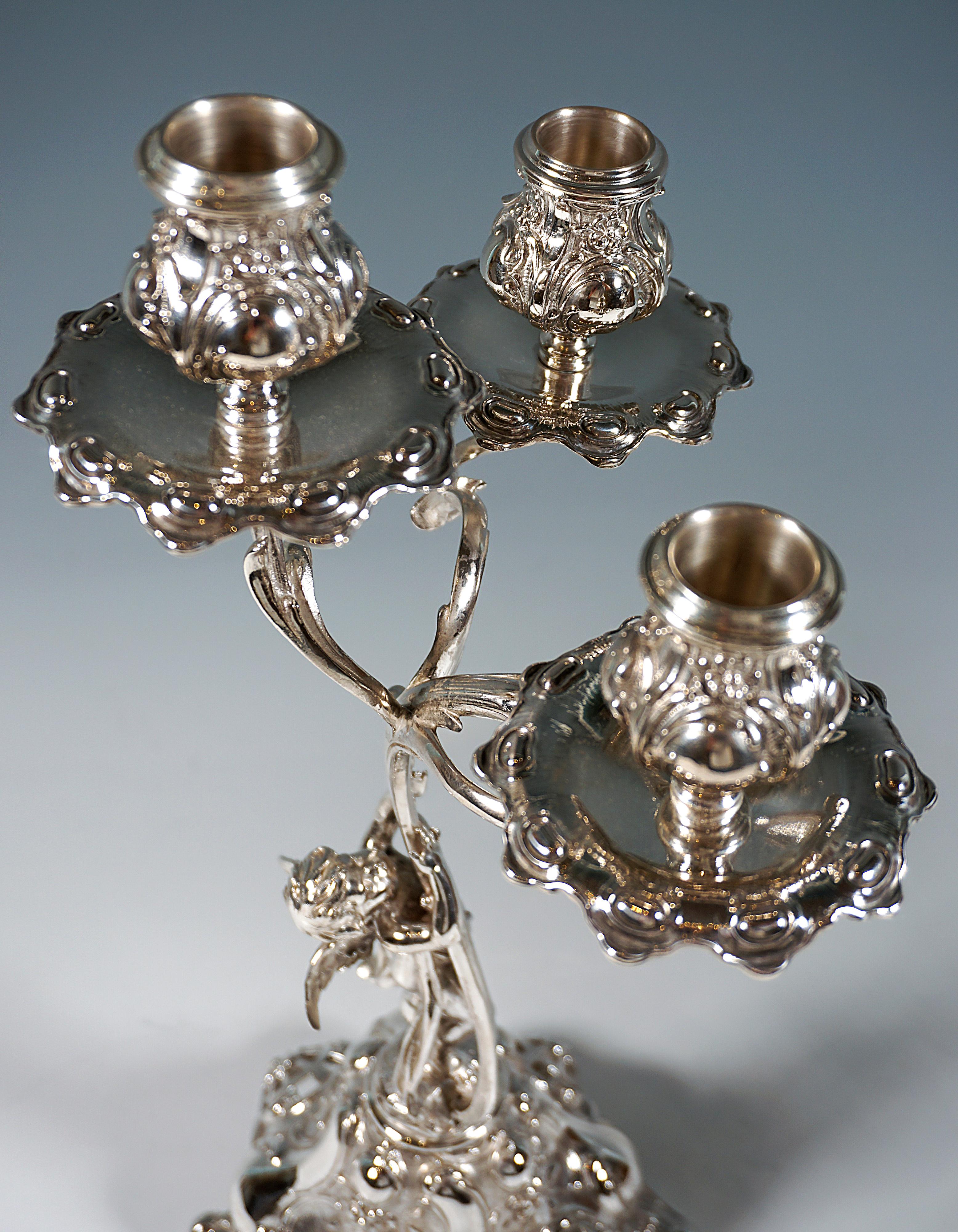 Early 20th Century Pair Of 3-Flame Art Nouveau Silver Candleholders With Putti, Germany, Ca 1900 For Sale