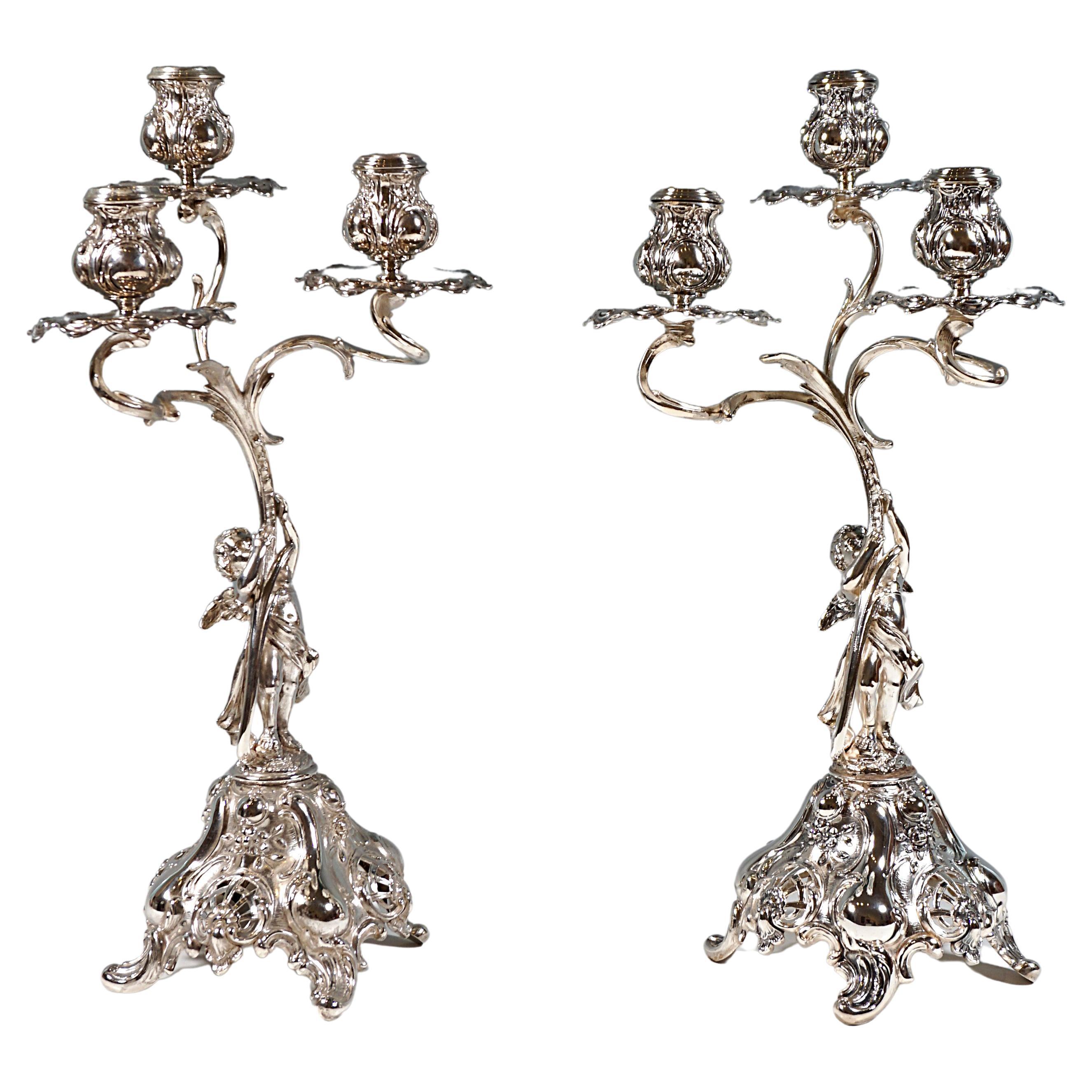 Pair Of 3-Flame Art Nouveau Silver Candleholders With Putti, Germany, Ca 1900 For Sale